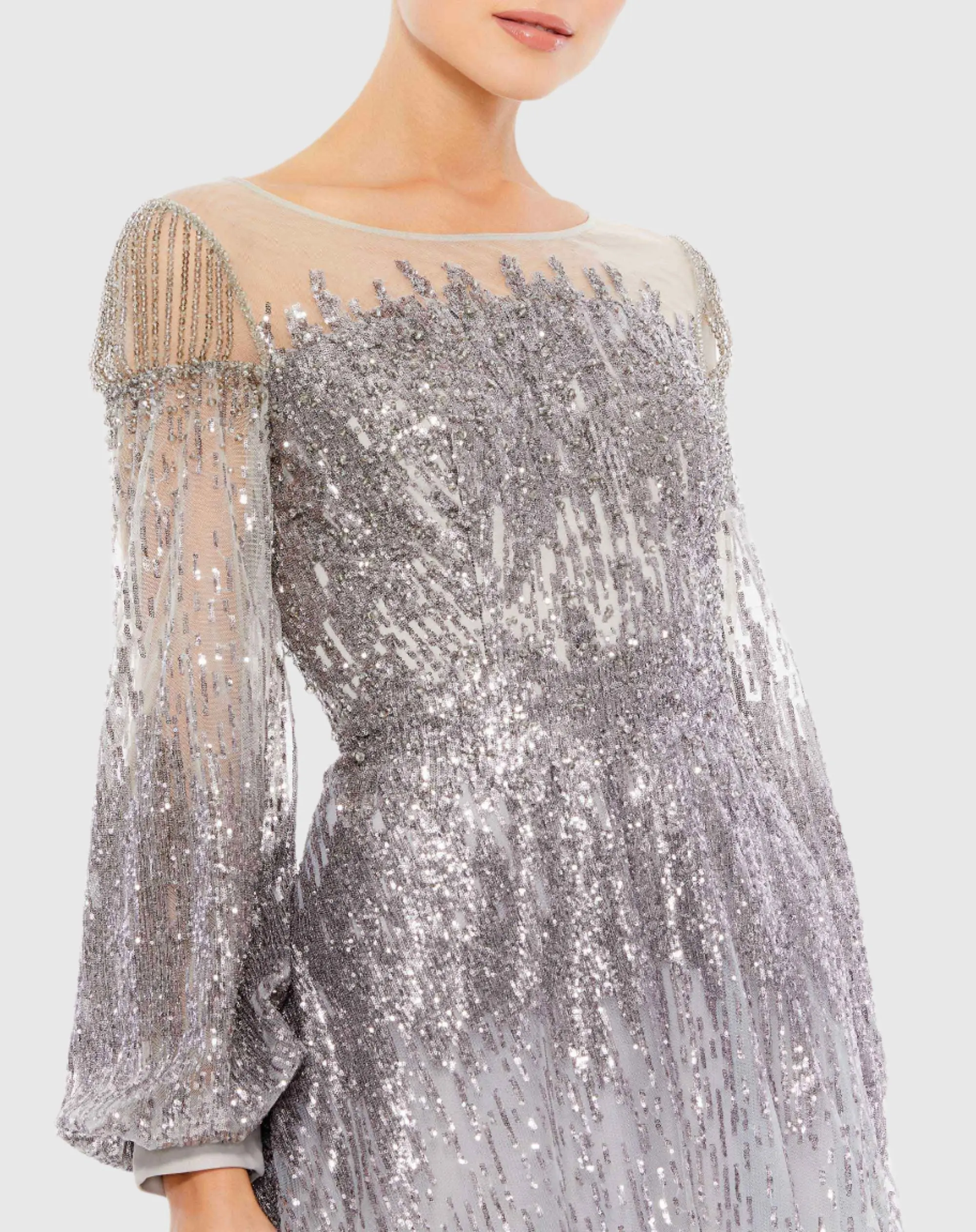 Silver Jewel Encrusted Illusion Long Sleeve A Line Gown