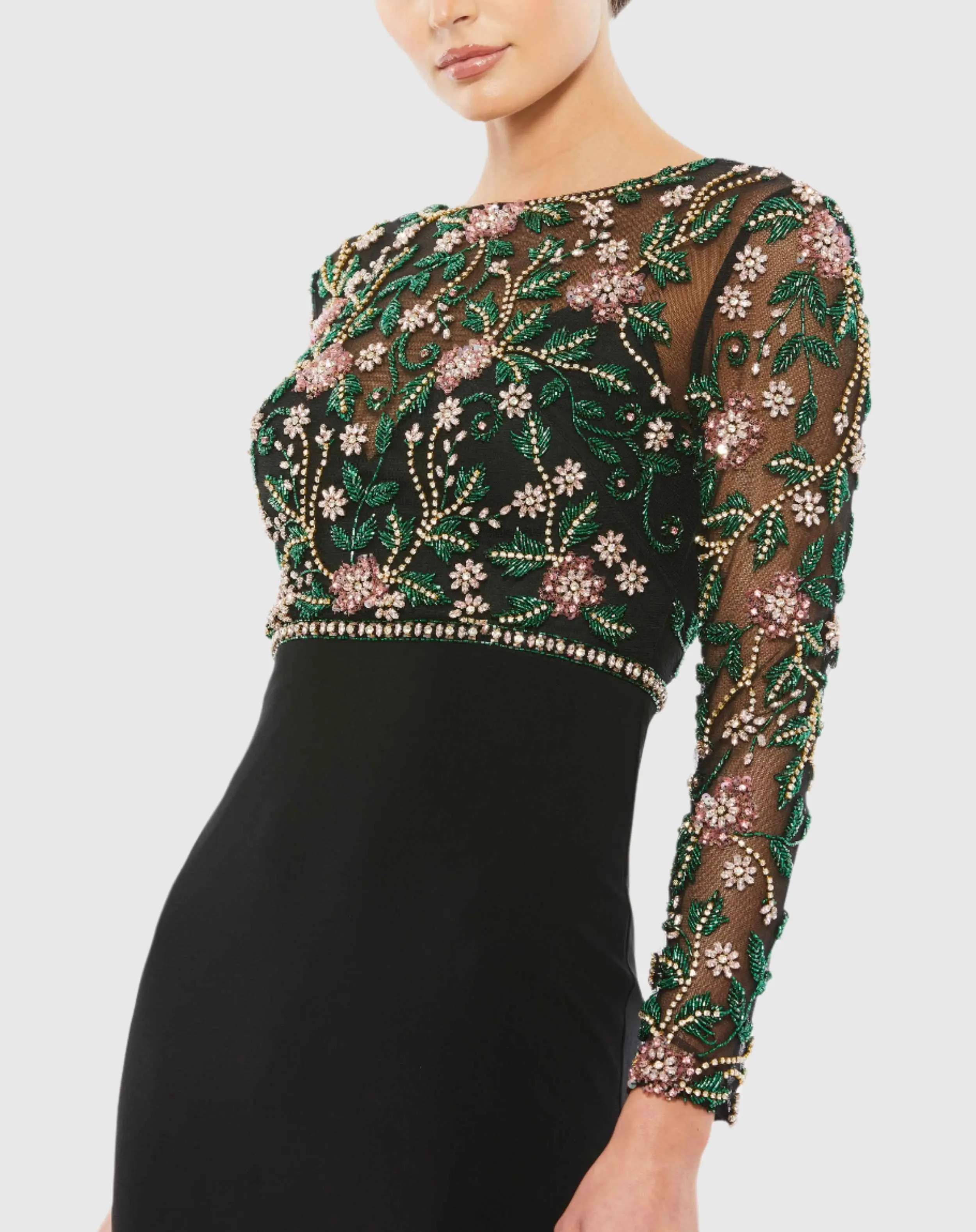 Black Beaded Illusion High Neck Trumpet Gown