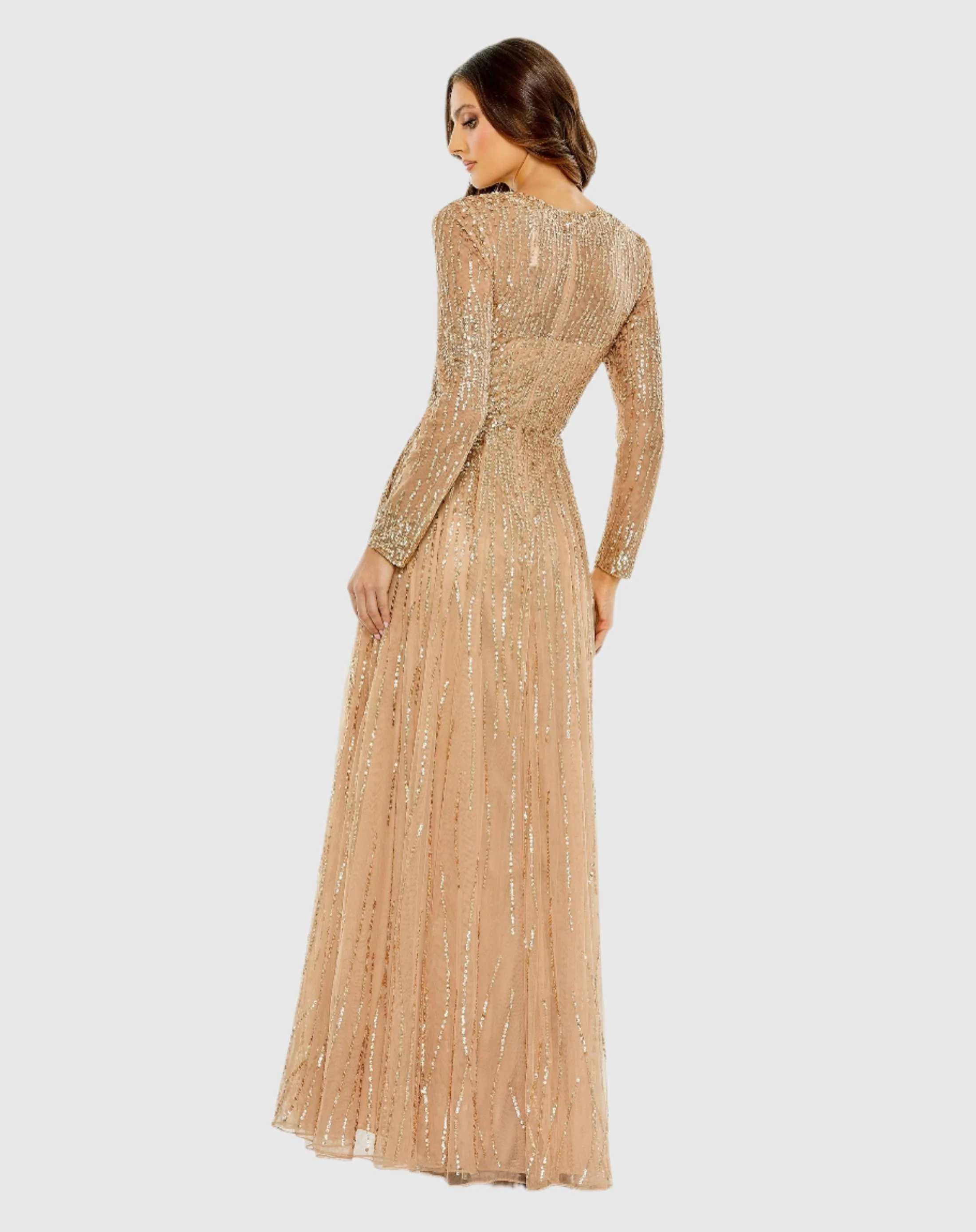 Beige Sequined Illusion High Neck Long Sleeve Gown