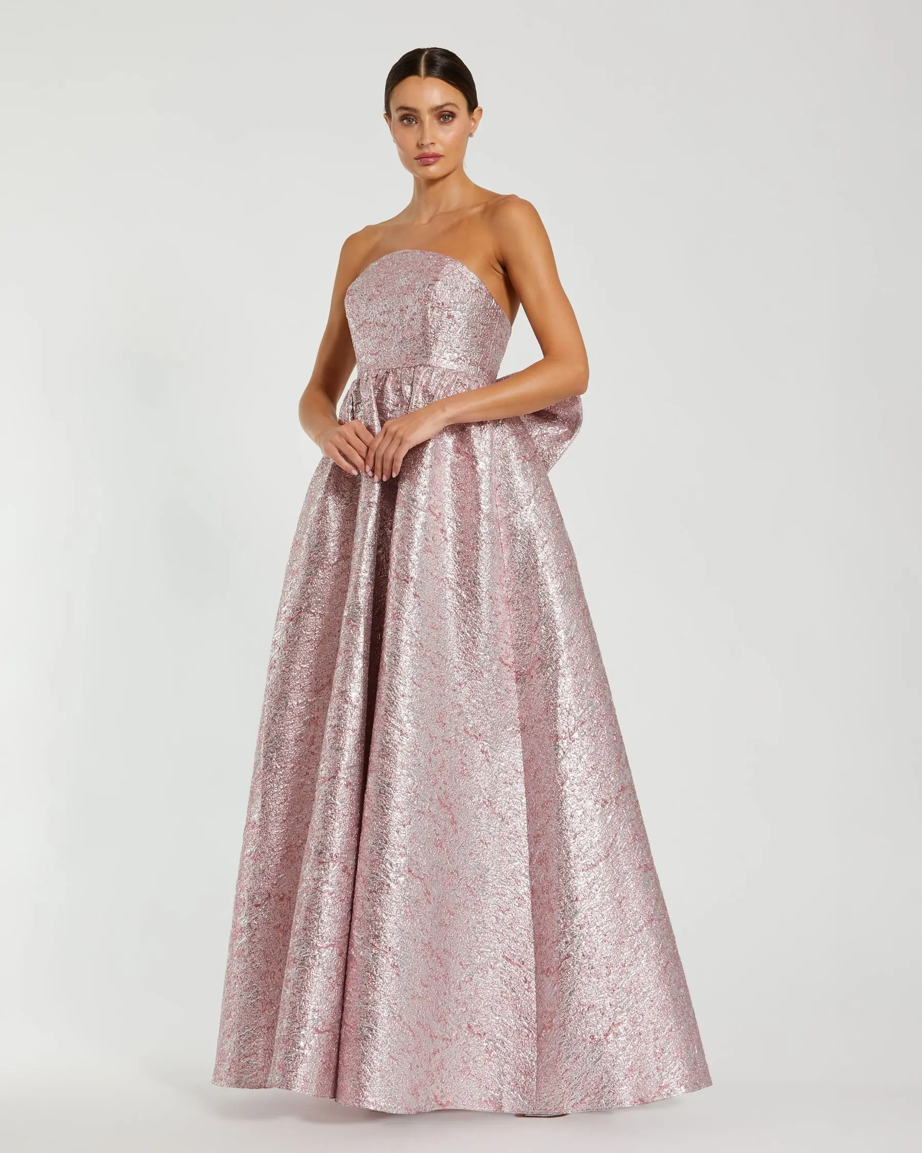 Pink Metallic Strapless Brocade Gown With Oversized Bow