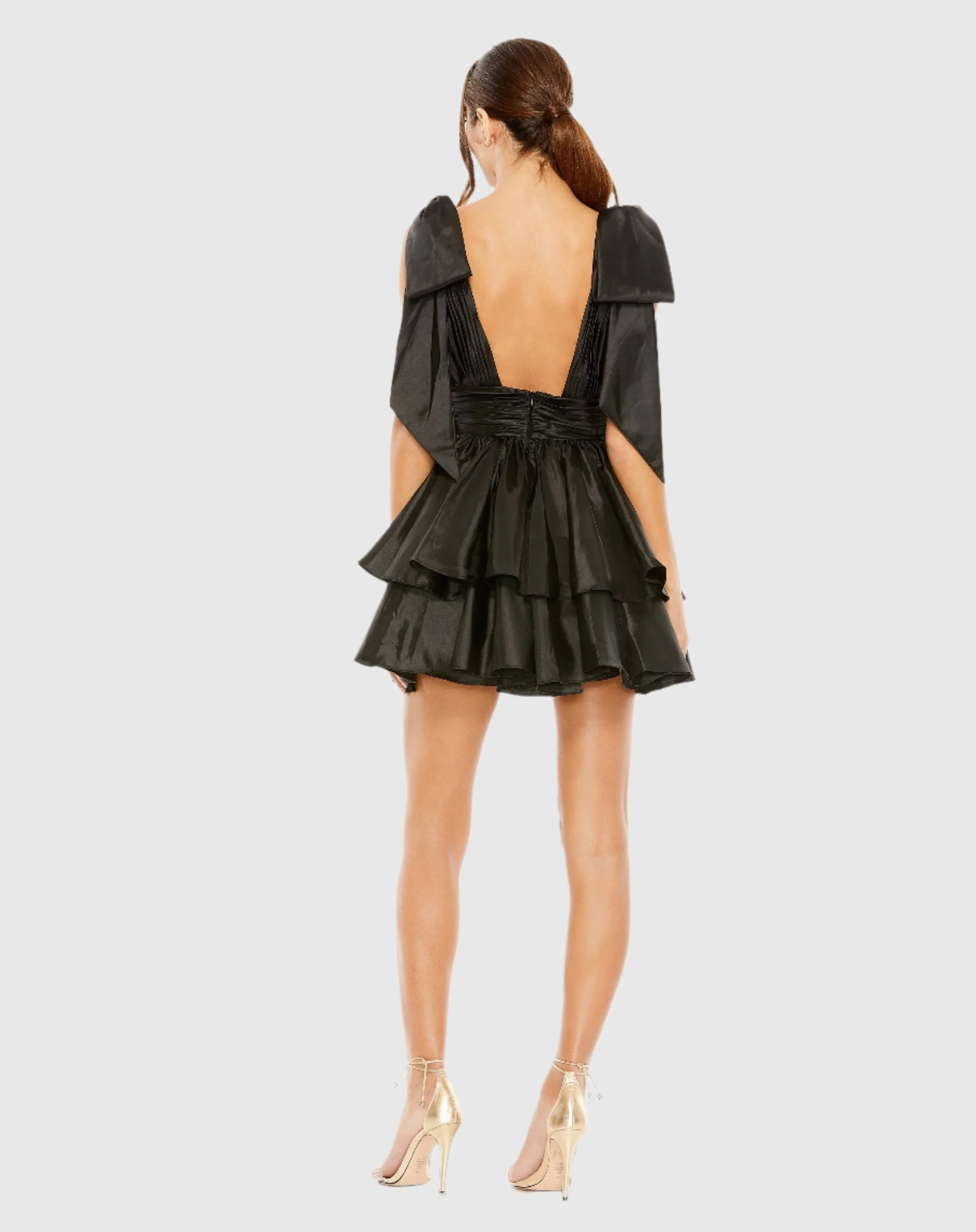 Black Oversized Bow Deep V Ruffle Mini Dress