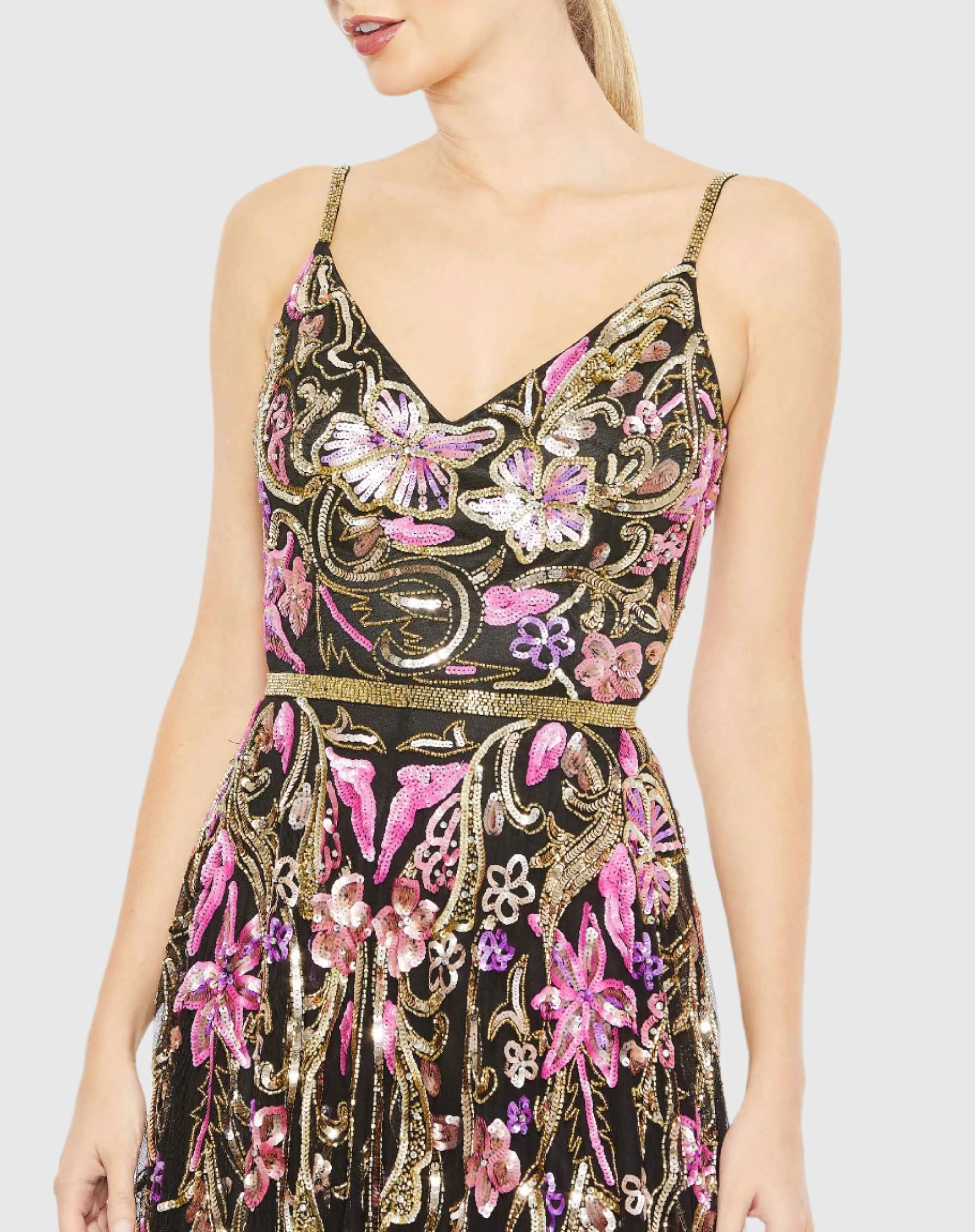 Black V Neck Floral Embellished Spaghetti Strap Gown