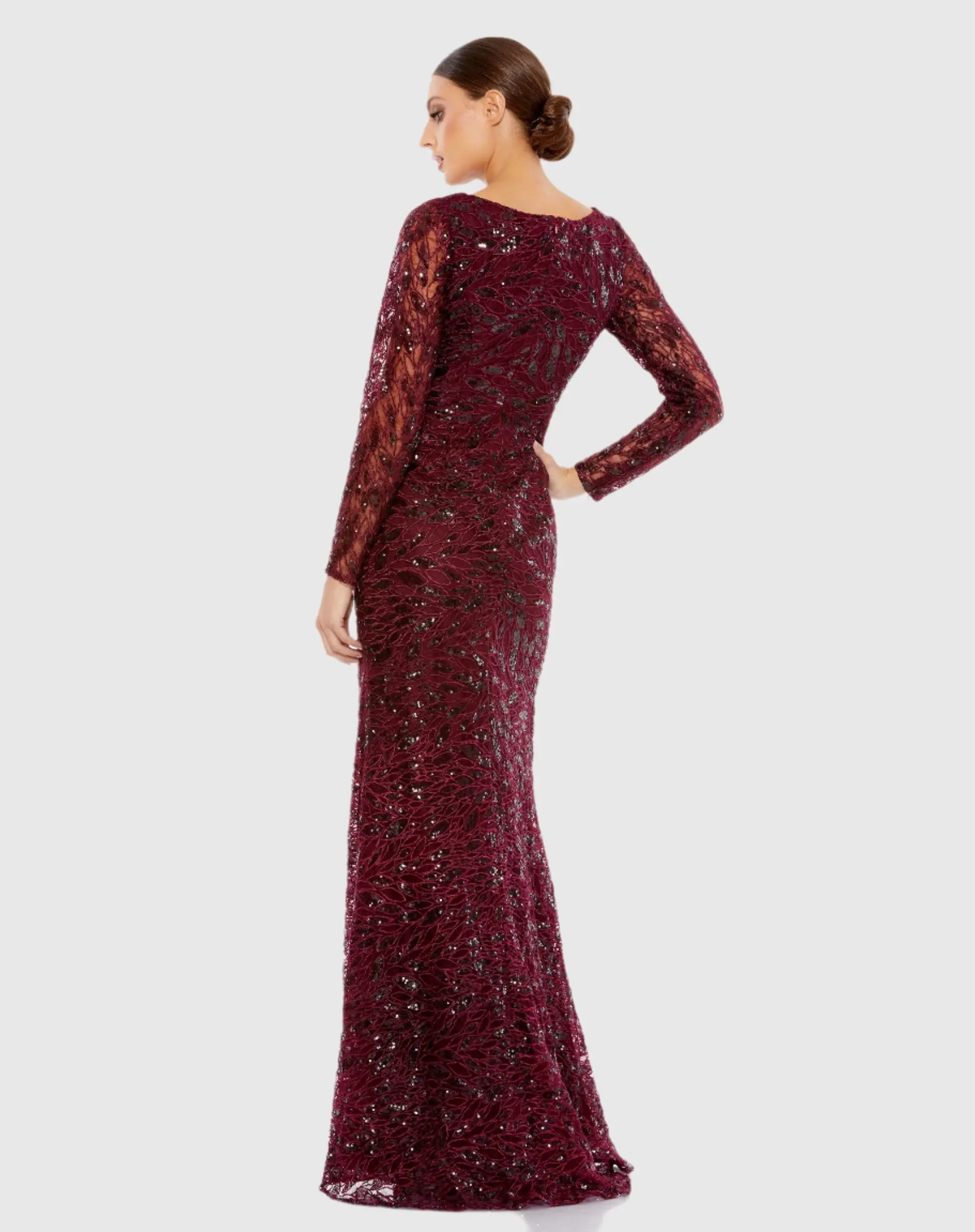 Red Long Sleeve Ruched Sequined V-Neck Gown