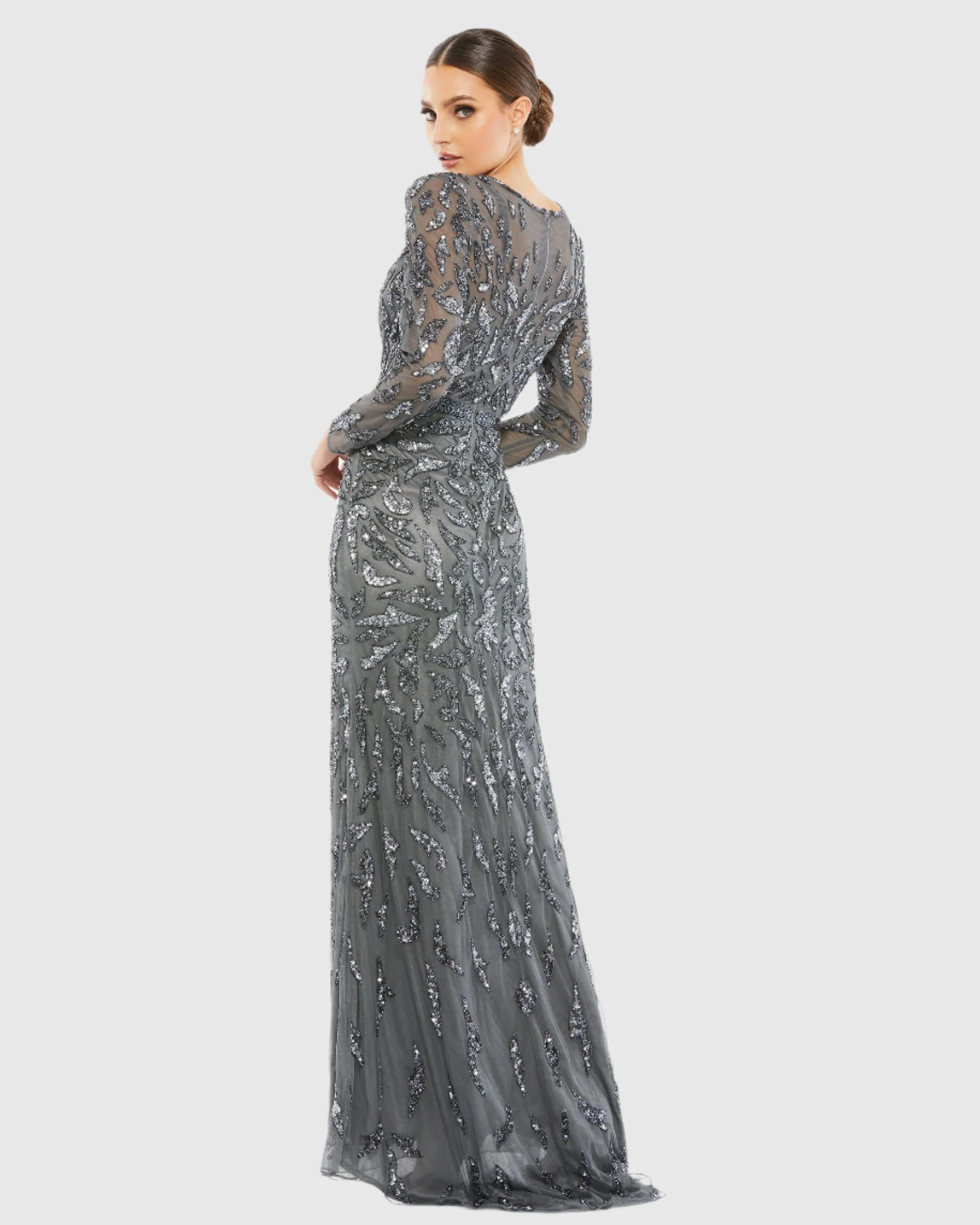 Dark Gray Beaded Long Sleeve Evening Gown