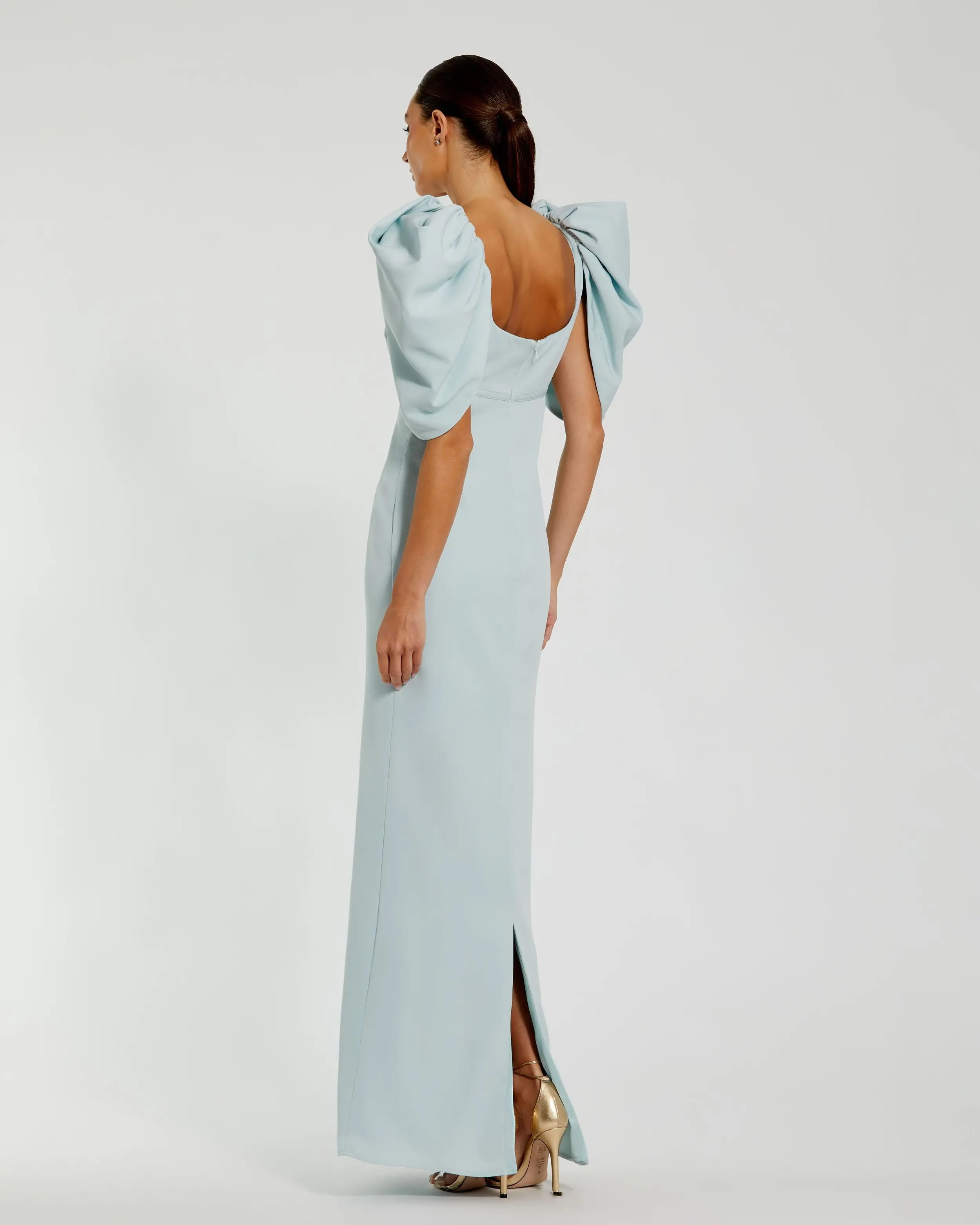 Blue Fitted Crepe Scoop Neck Gown With Puff Sleeves