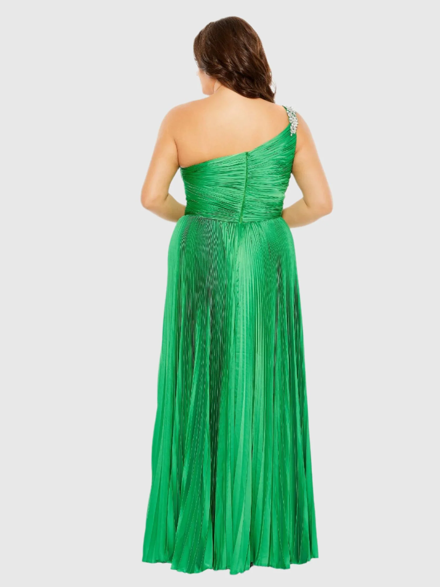 Green One Shoulder Embellished Pleated Sleeveless Gown