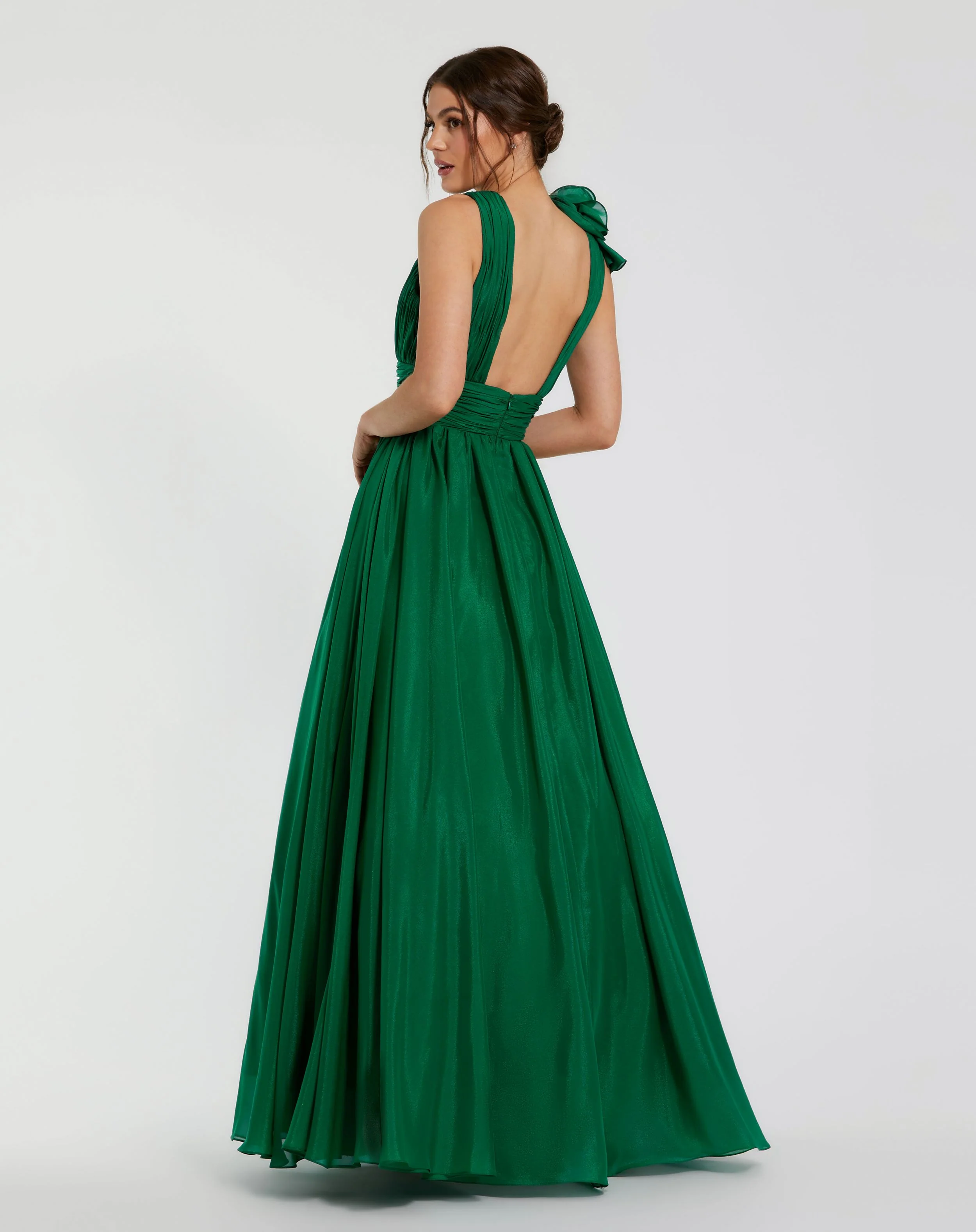 Dark Green Ruffle Shoulder V-Neck Chiffon Gown