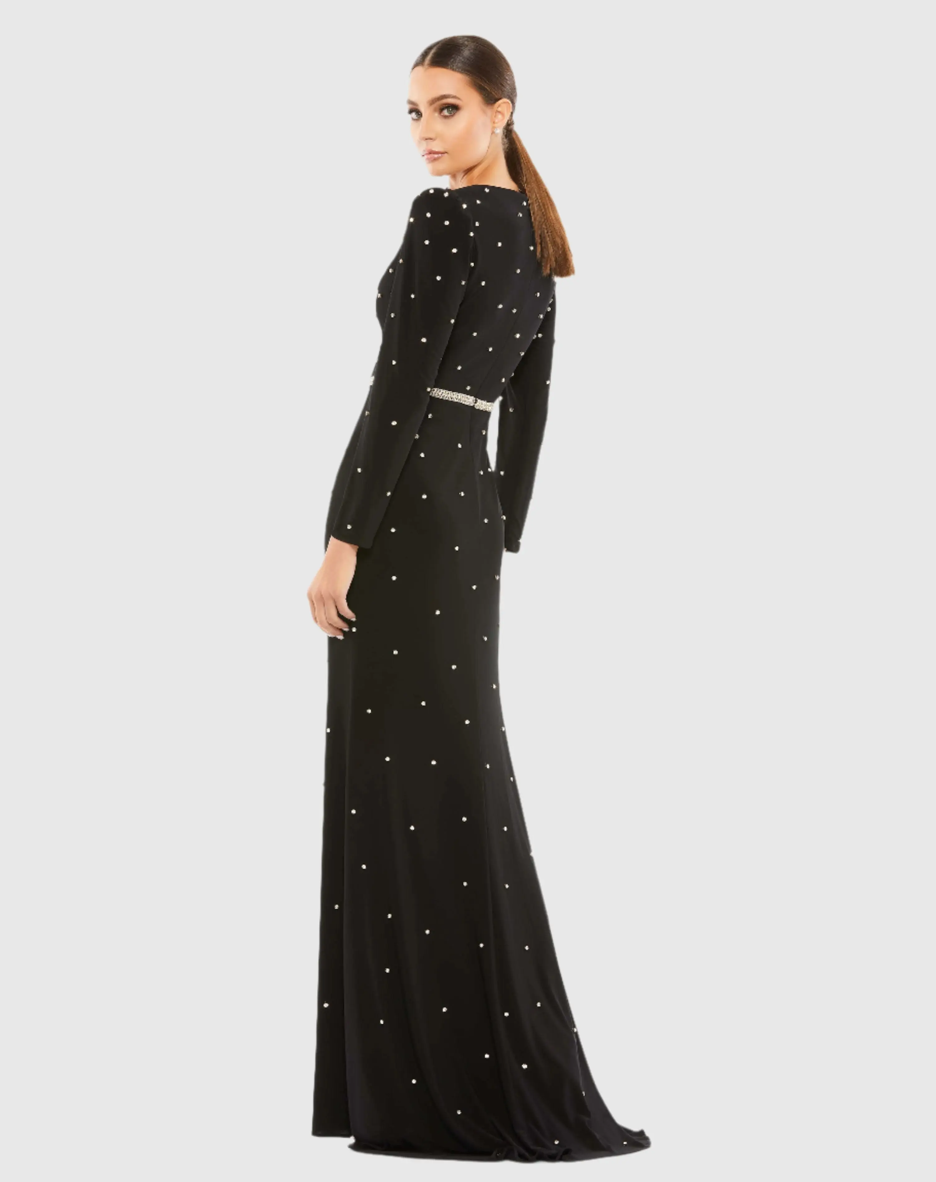 Black Jewel Encrusted Plunge Neck Long Sleeve Gown