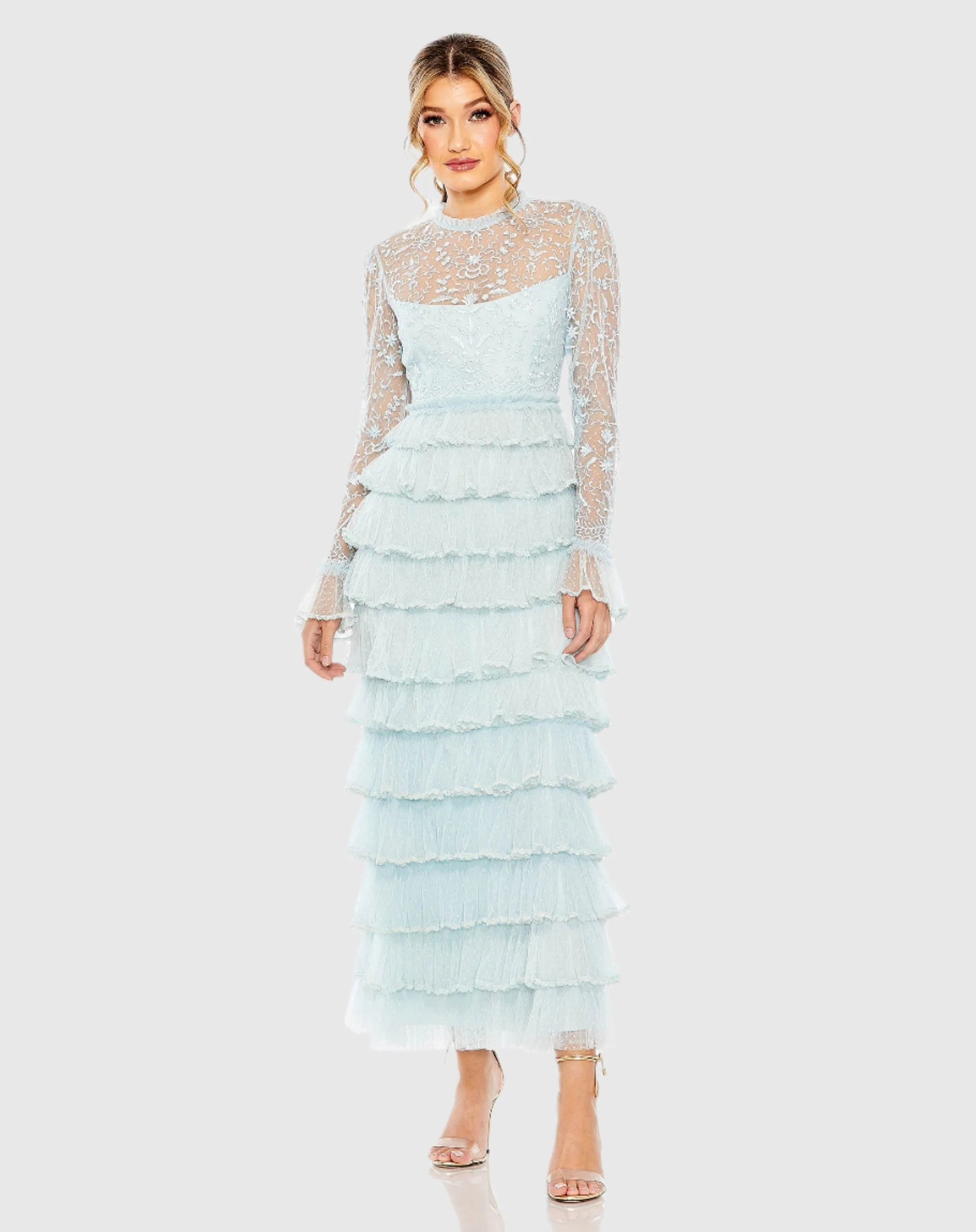 Blue Embroidered Long Sleeve Ruffled Tiered Dress