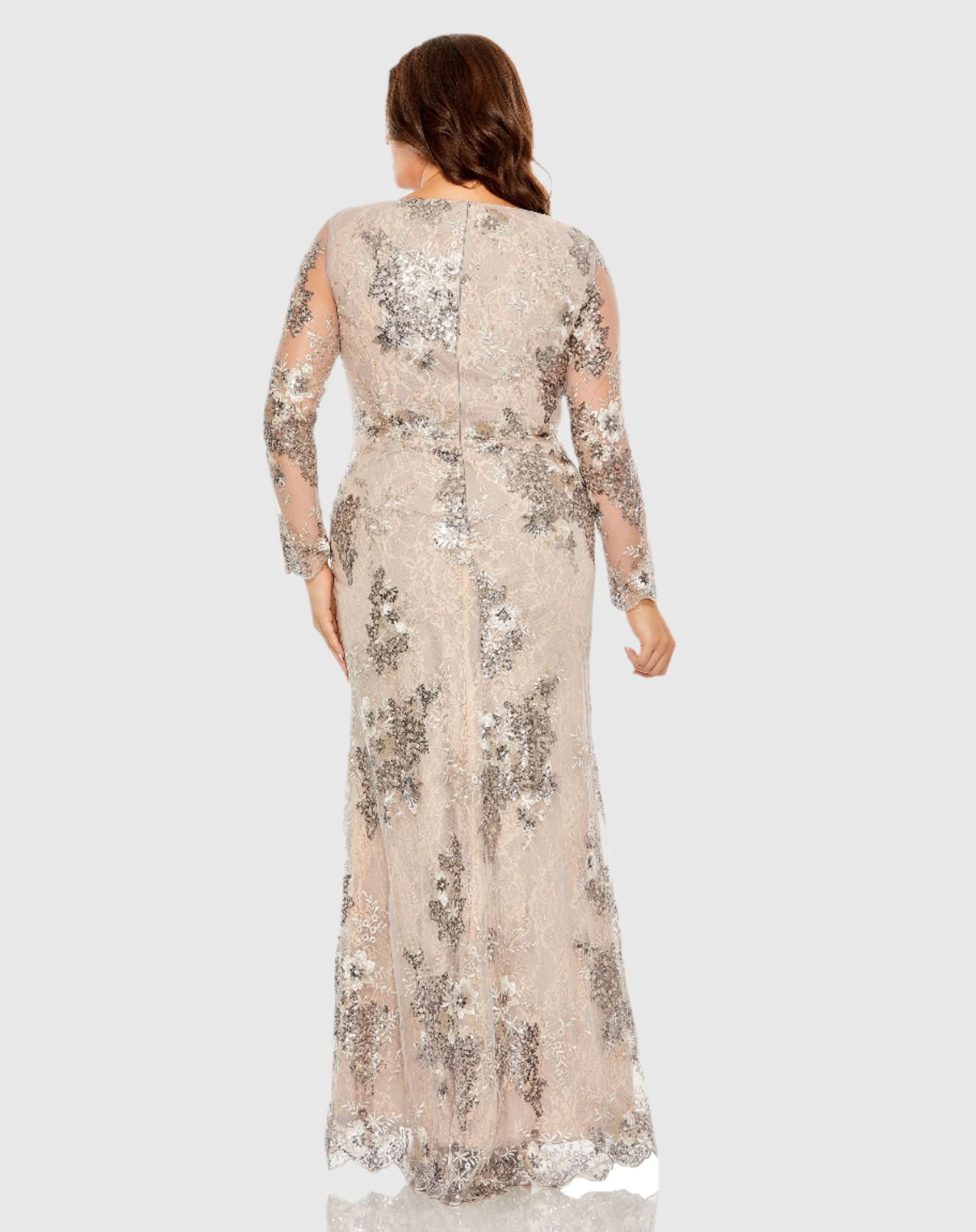 V Neck Mesh Long Sleeve Embroidered Gown