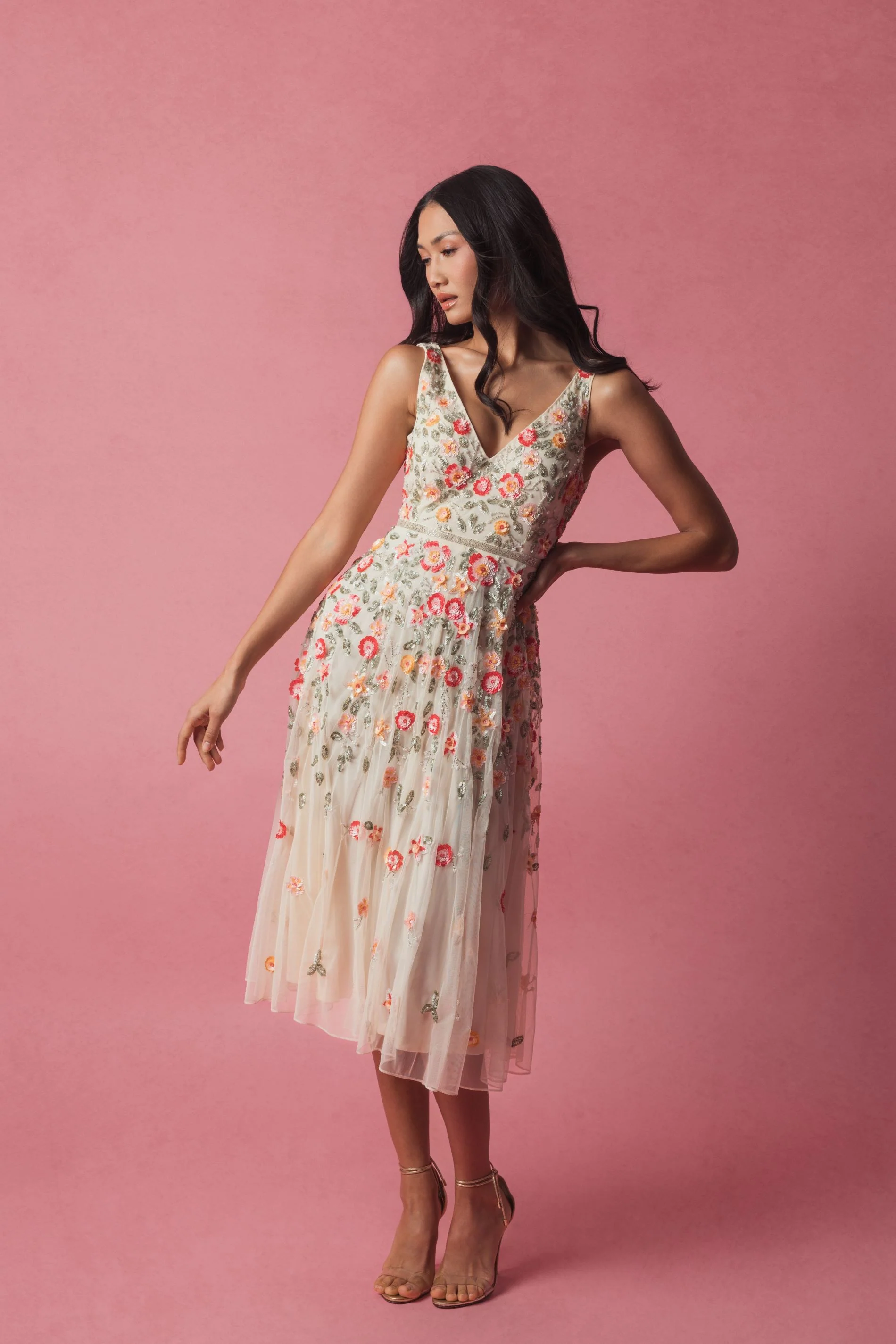 Beige V-Neck Sleeveless Midi Floral Beaded  A-line Dress