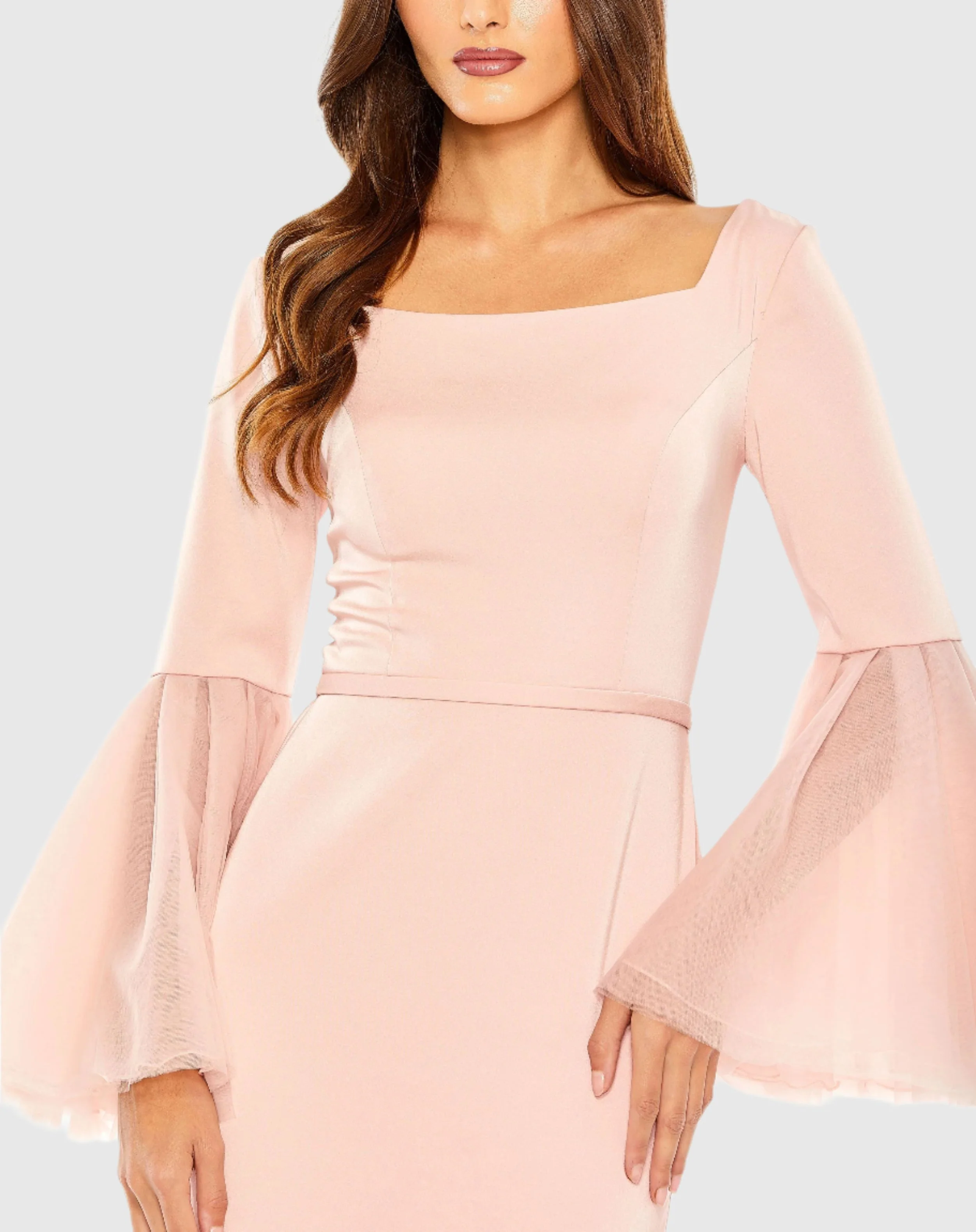 Pink Flounce Sleeve Square Neck Column Gown