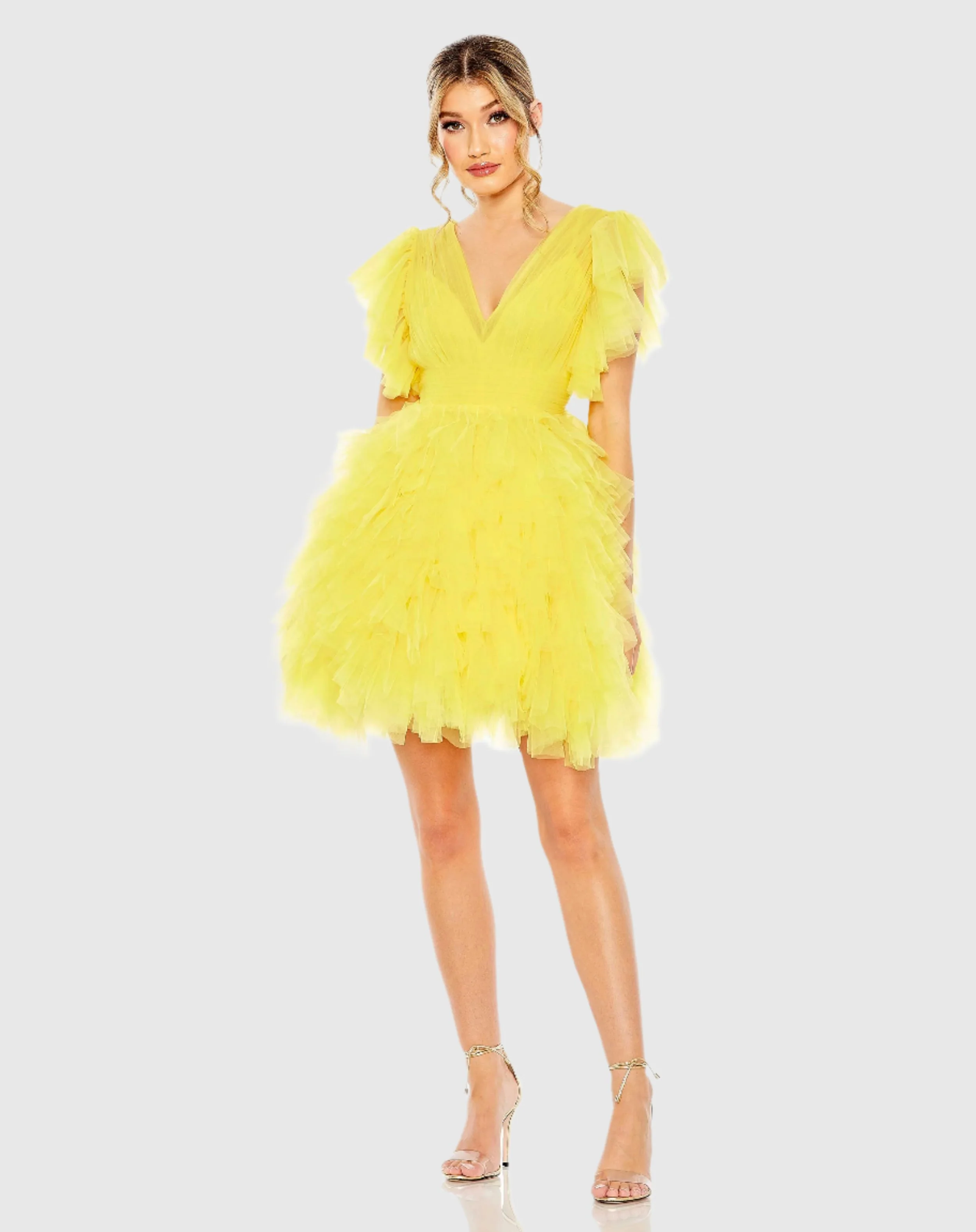 Yellow Flutter Ruffle Sleeve Tiered Dress