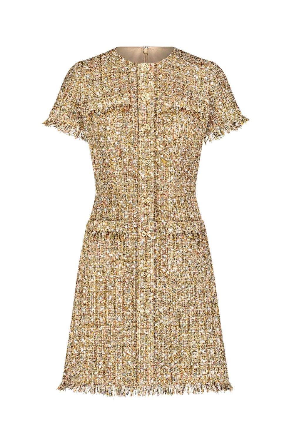 Beige Boucle Short Sleeve Mini Dress With Pockets