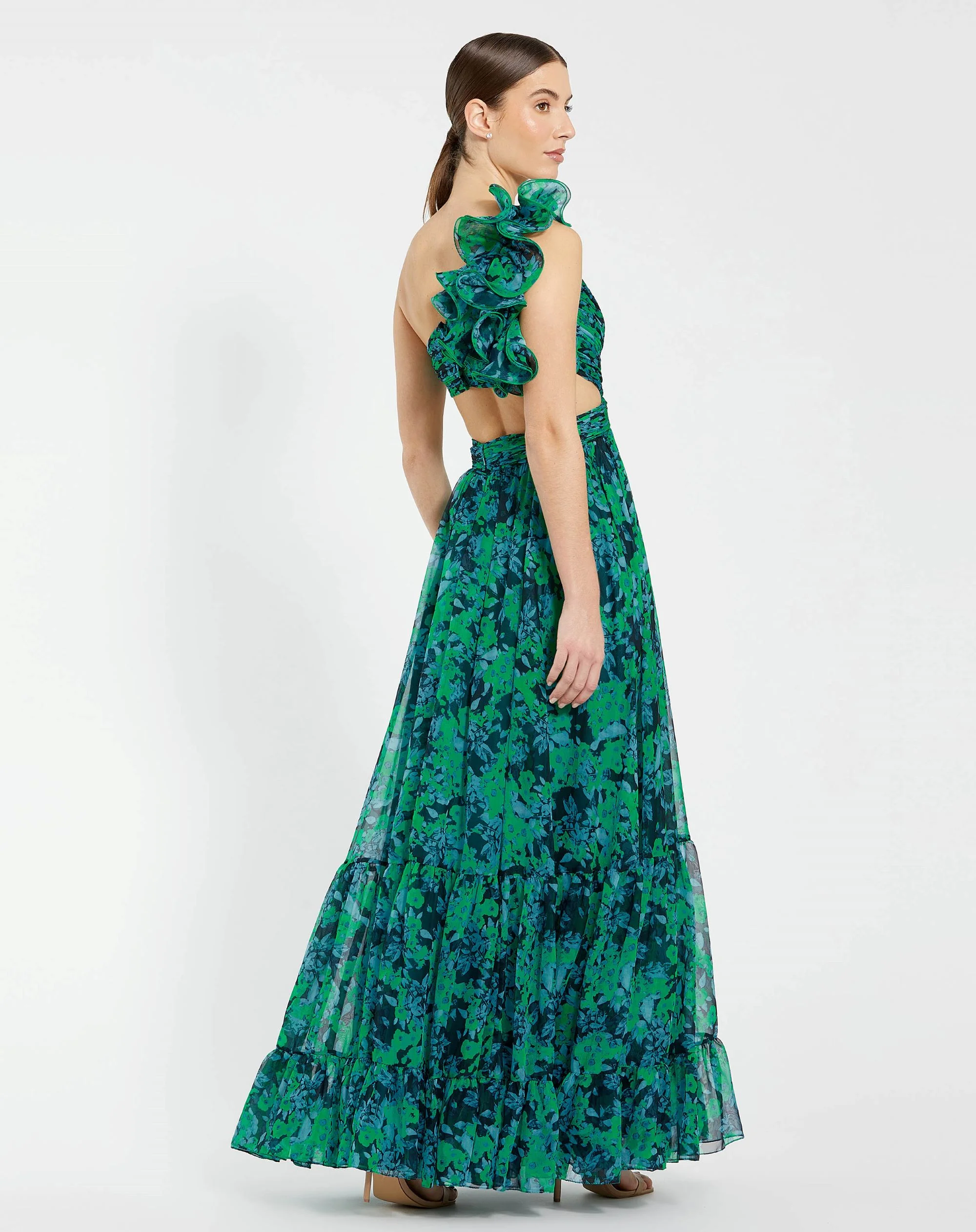 Green One Shoulder Ruffle Tiered Cut-Out Chiffon Gown