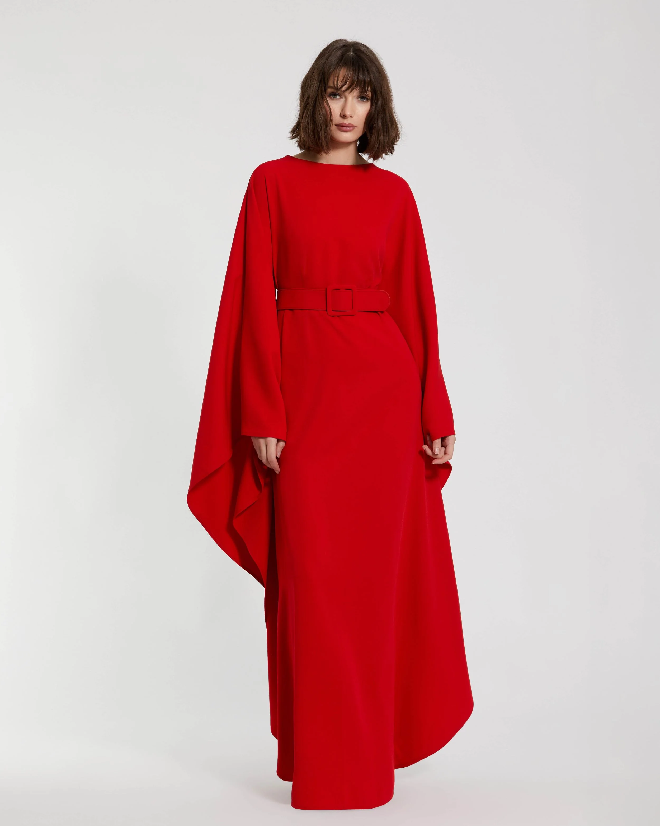 Crepe Boat Neck Caftan Dress With Belt