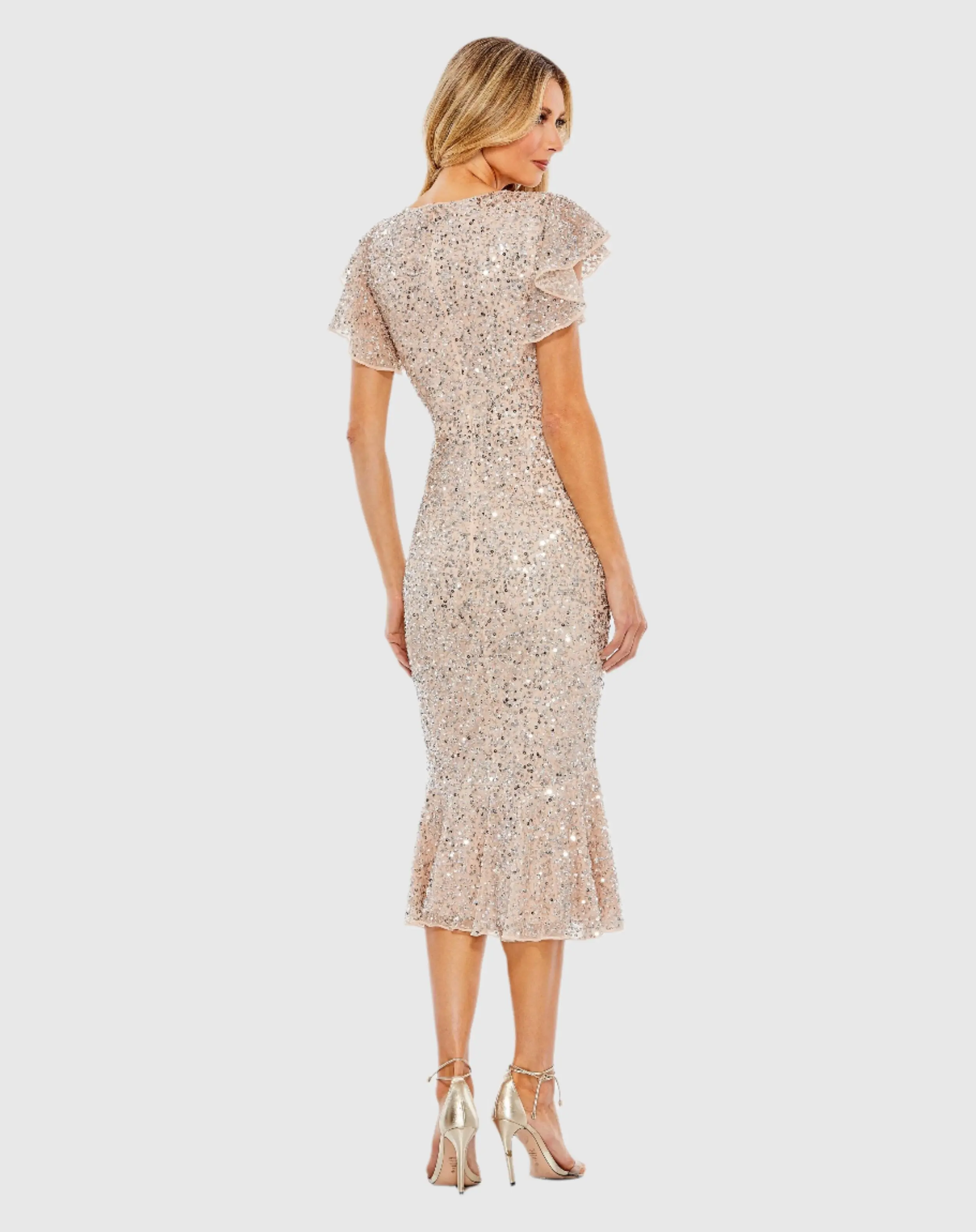 Beige Sequined V Neck Flutter Cap Sleeve Trumpet Dress