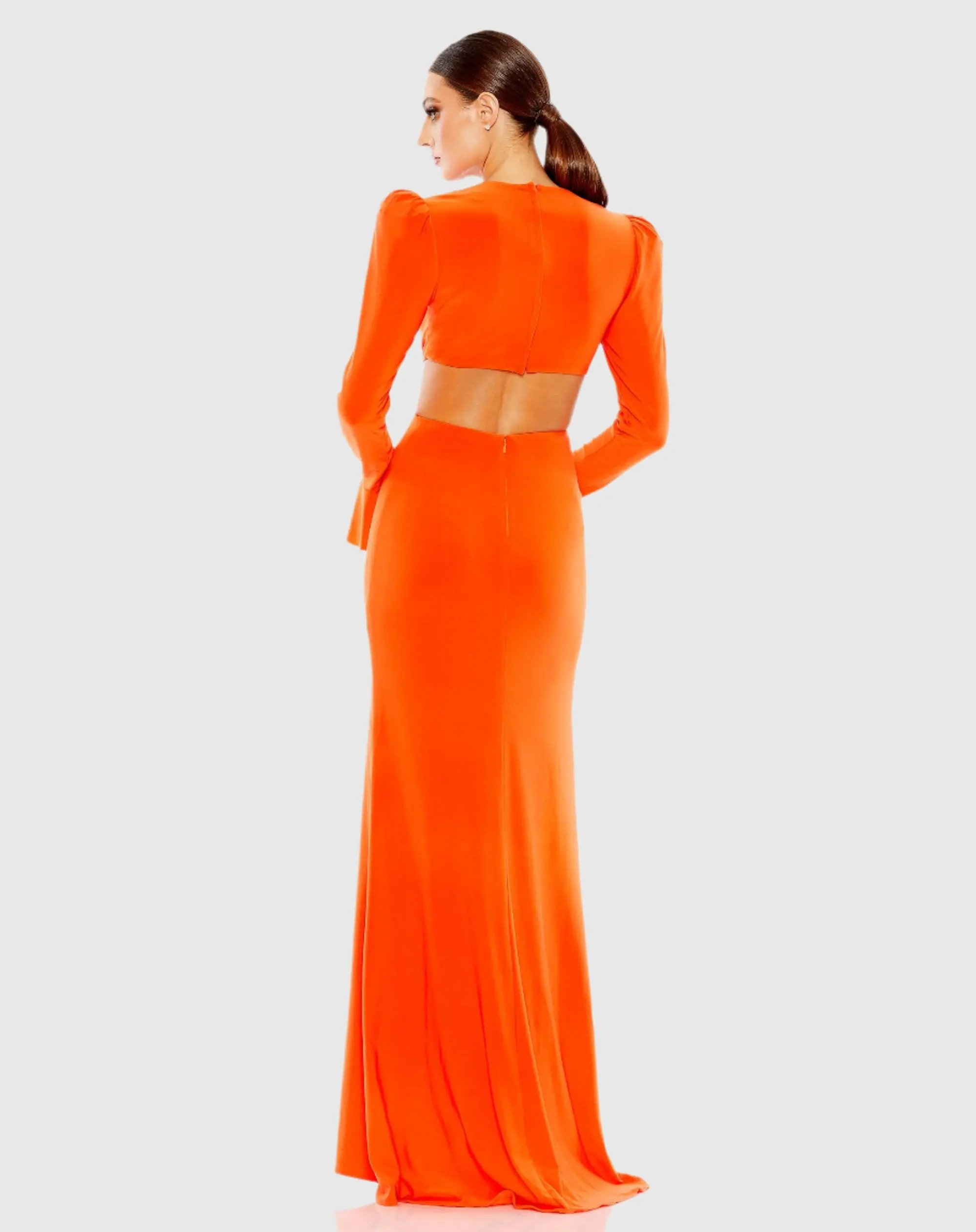 Orange Long Sleeve Puff Shoulder Cut Out Gown