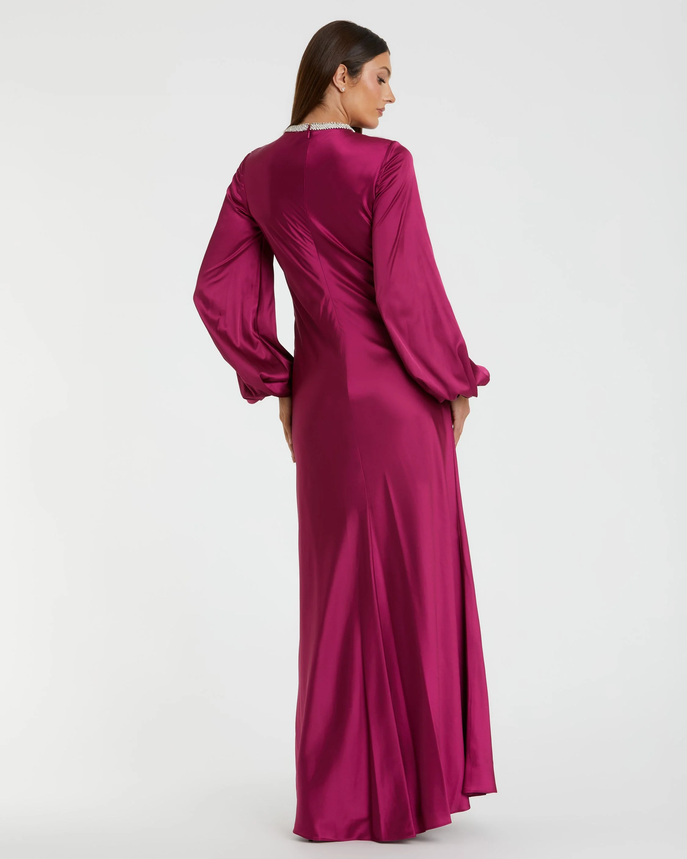 Purple Beaded High Neck Bishop Sleeve Satin Gown