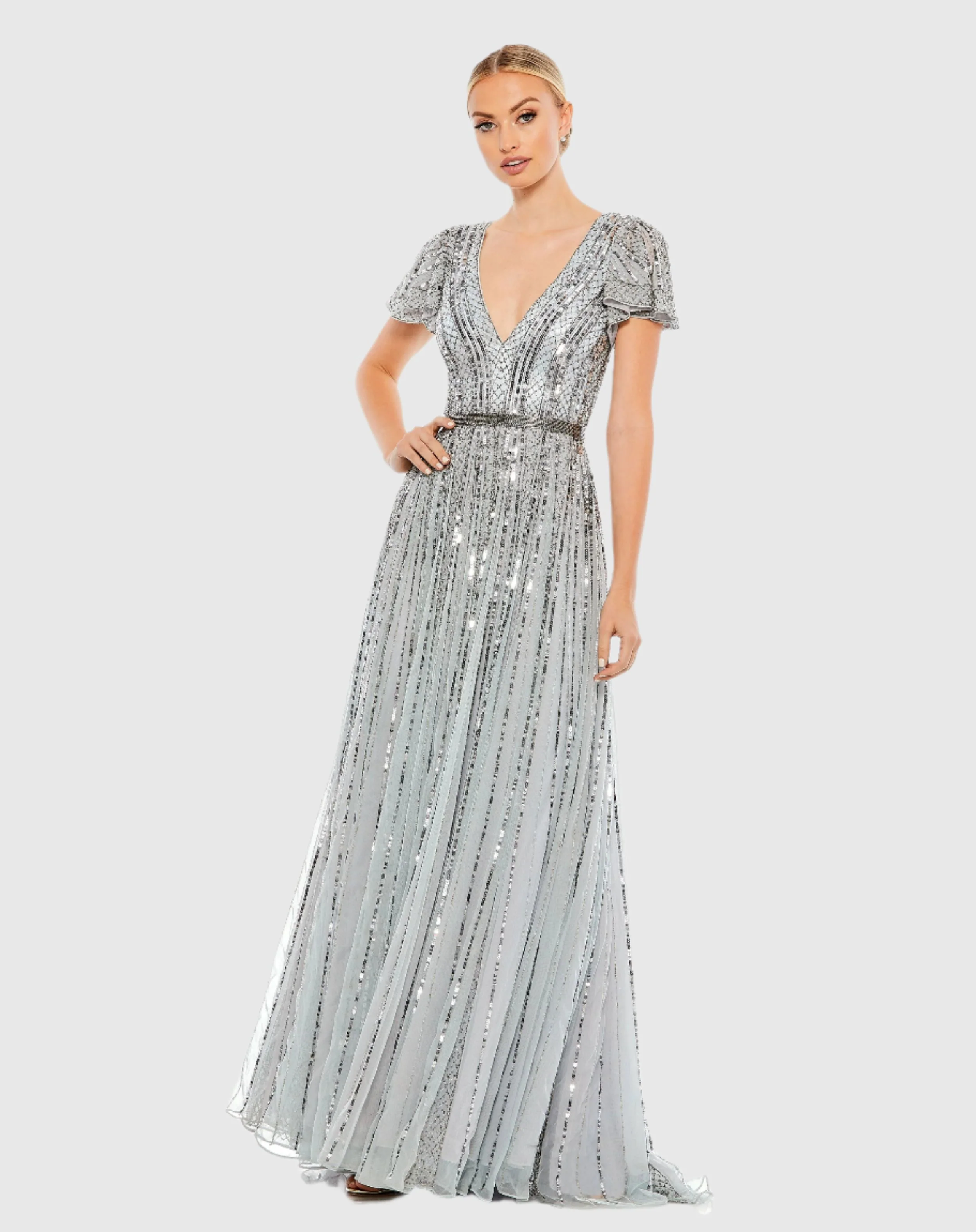 Blue Stripe Sequin V-Neck Gown