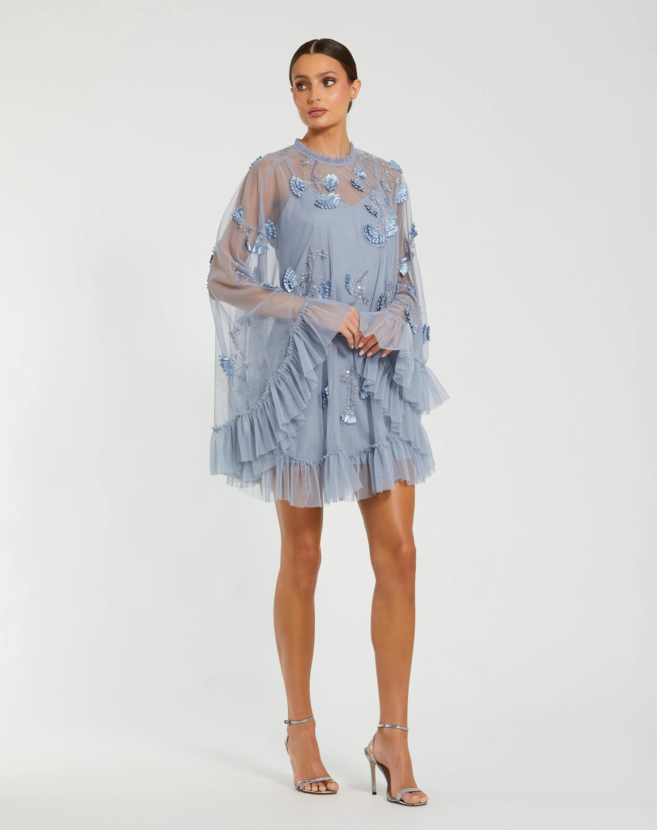 Blue Embellished Long Flare Sleeve Mesh Trapeze Dress