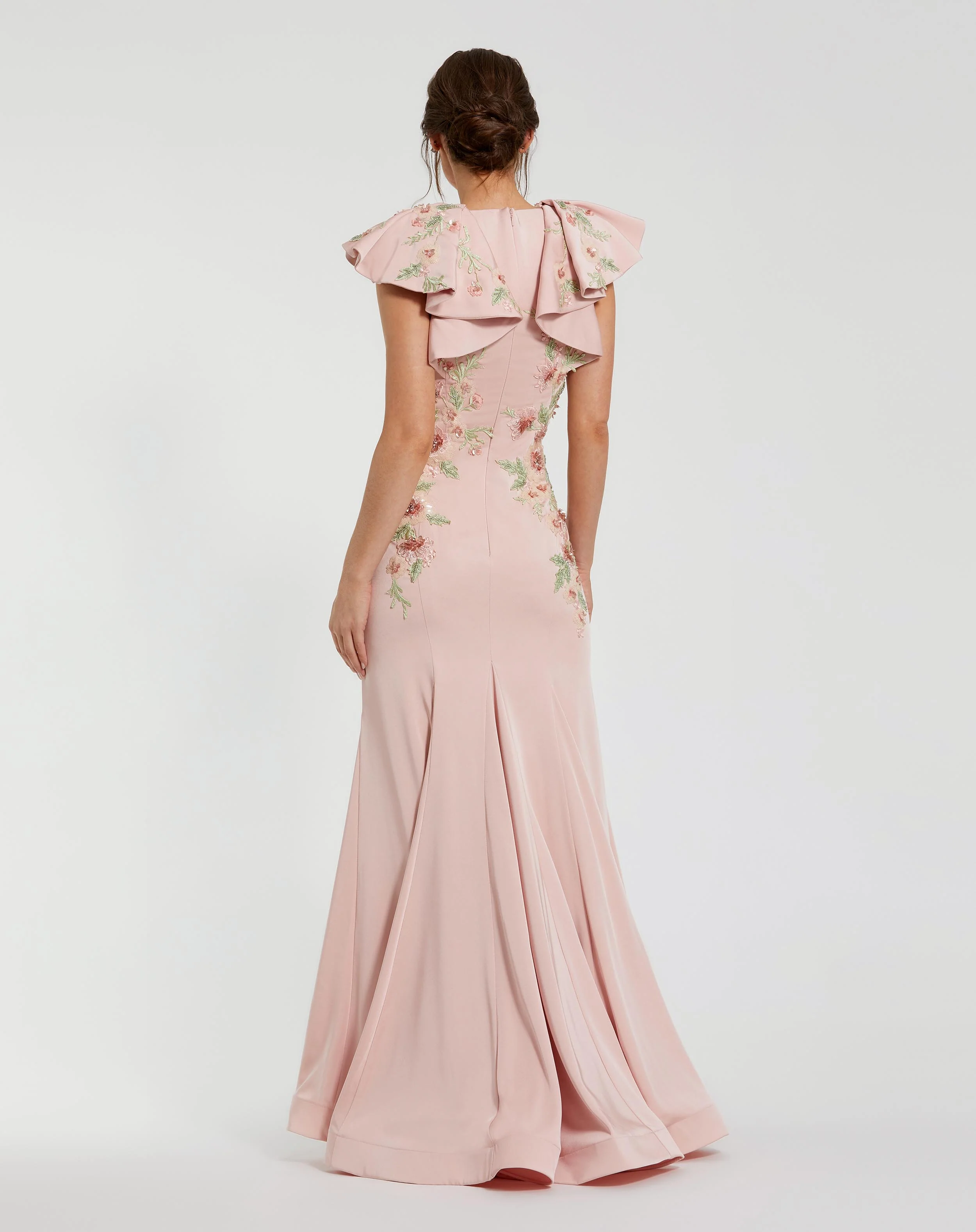 Pink Flutter Sleeve Embellished Mermaid Gown