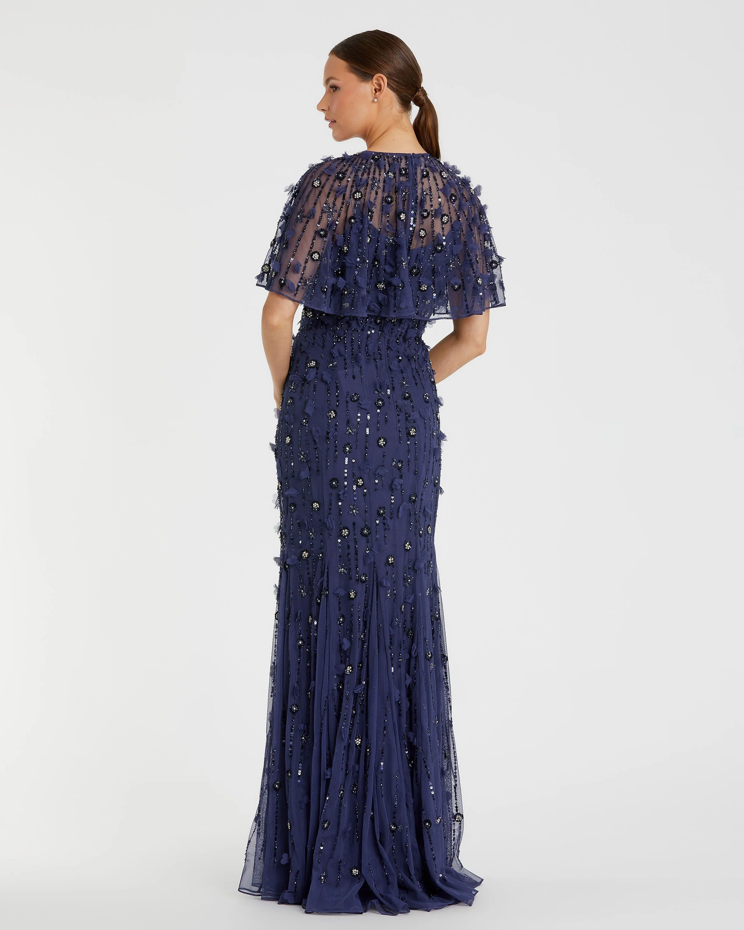 Navy Embellished Illusion Cape Sleeve Trumpet Gown