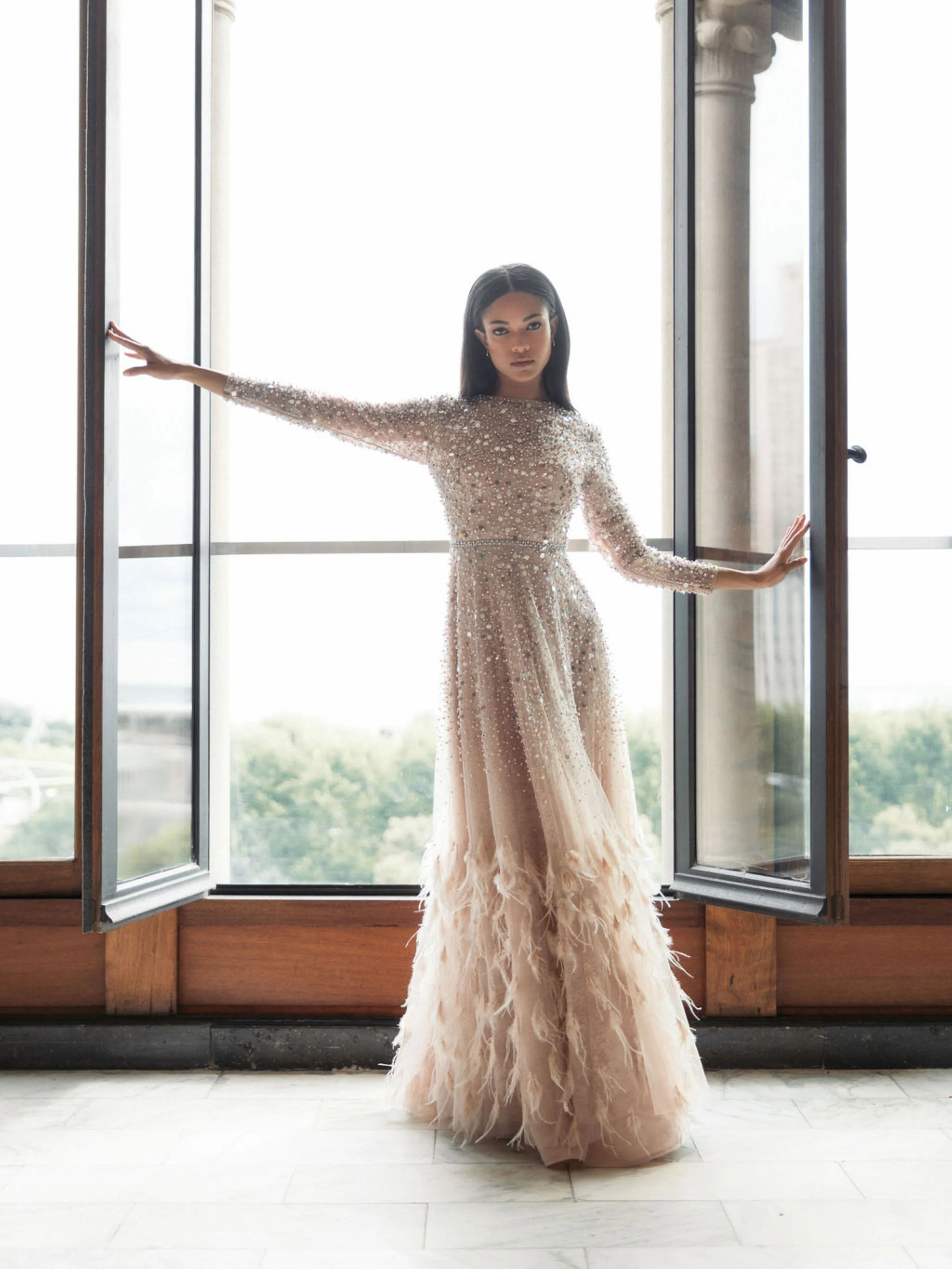 Pink Disc Embellished Sequin Gown with Feather Detail