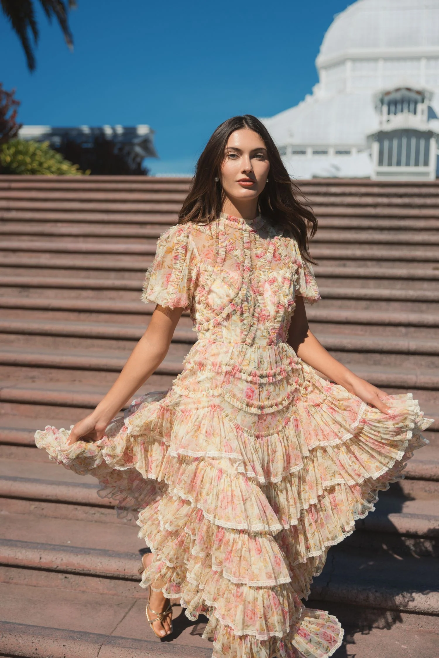 Beige Lace Trim Printed Mesh High Neck Midi Dress