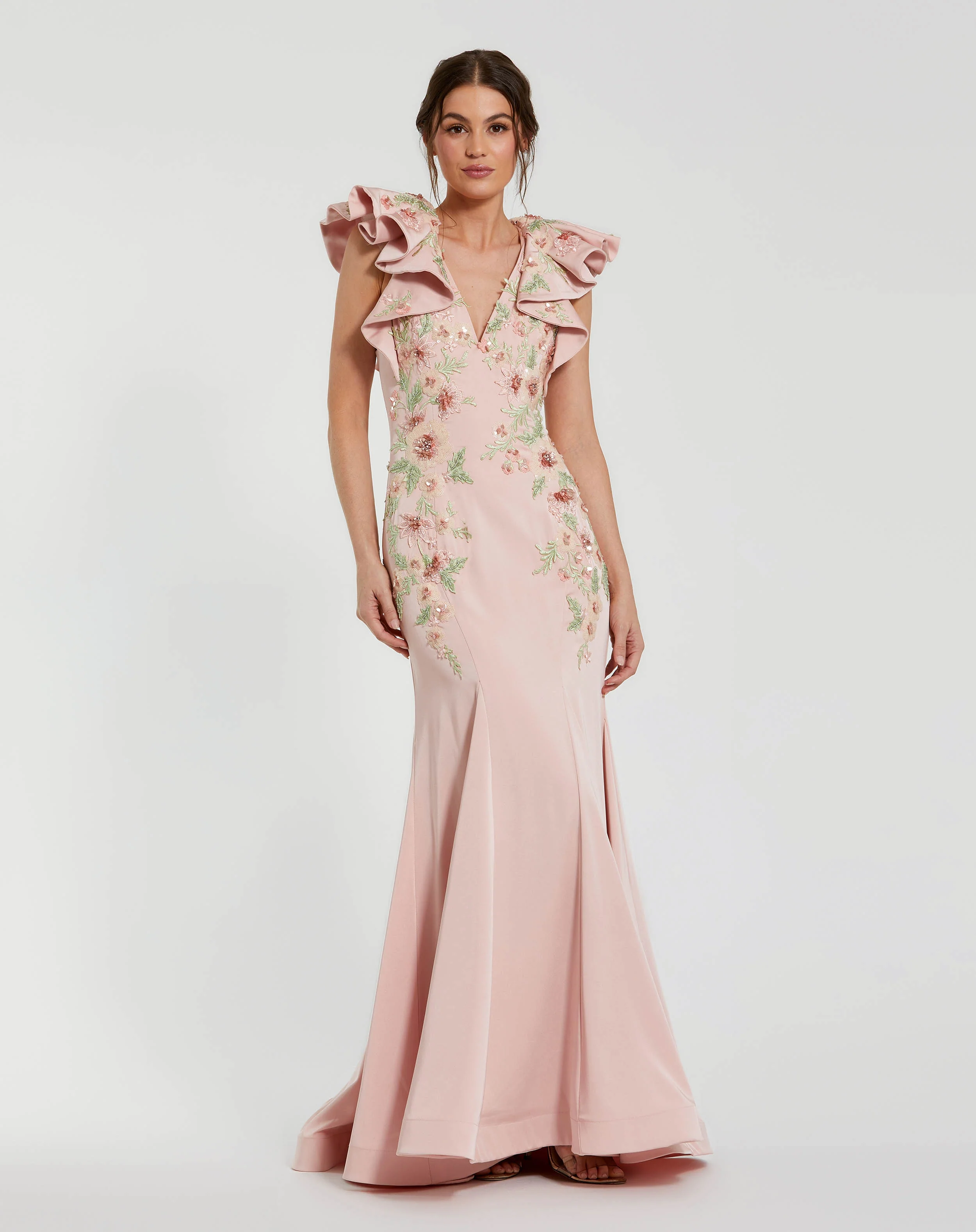 Pink Flutter Sleeve Embellished Mermaid Gown