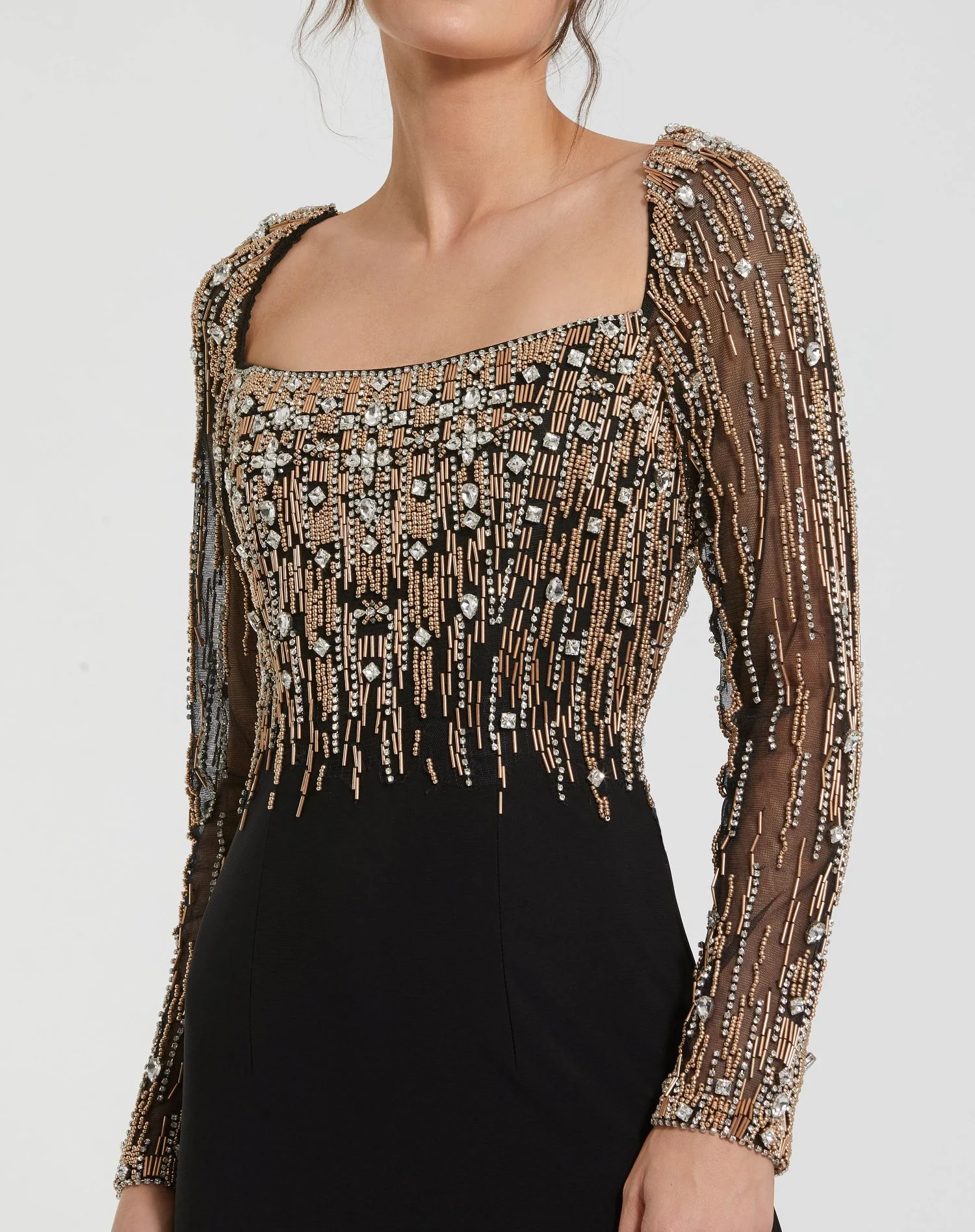 Black Beaded Square Neck Long Sleeve Jersey Gown