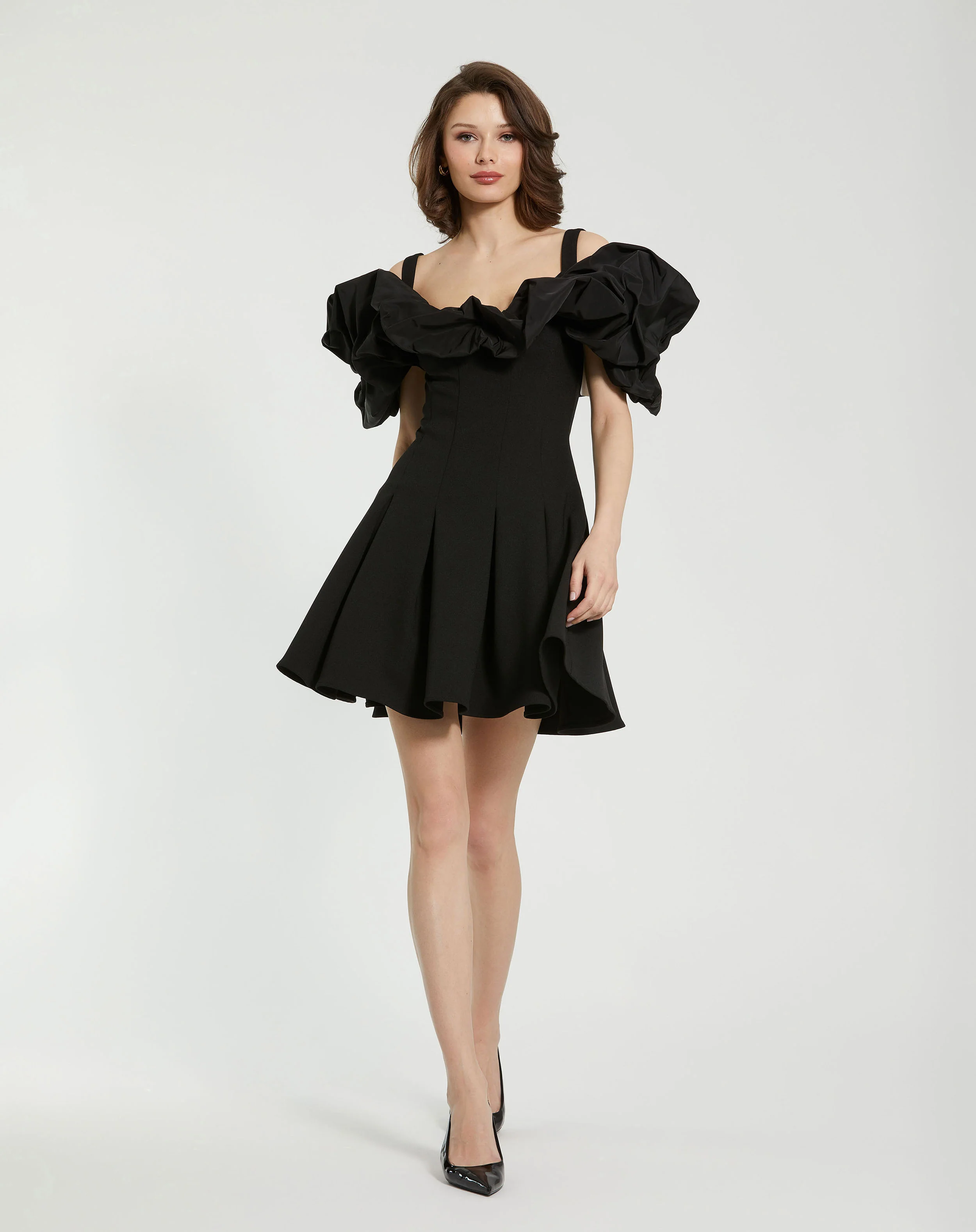 Black Crepe Godet Hem Mini Dress With Faille Ruffle