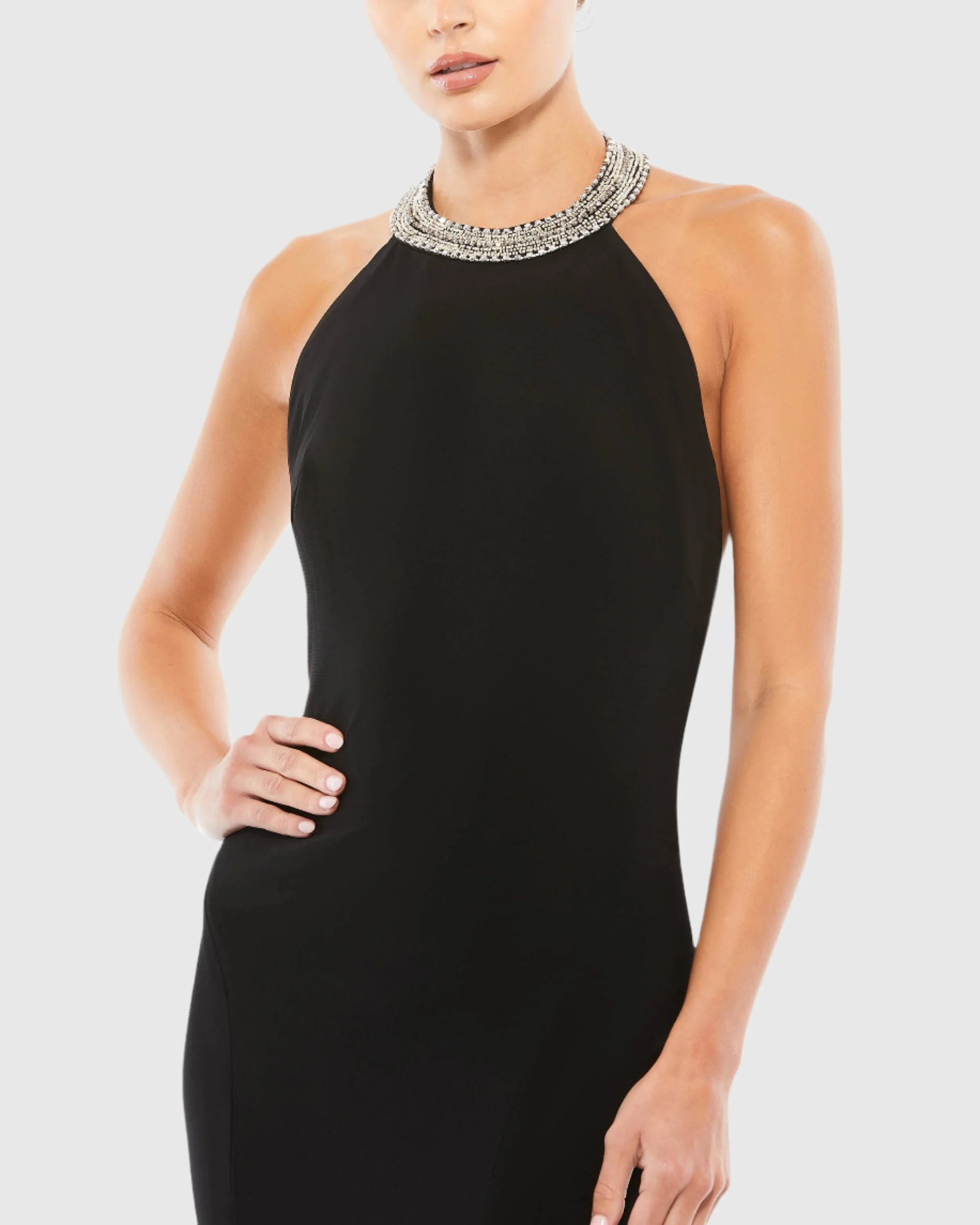 Black Beaded Halter Jersey Gown