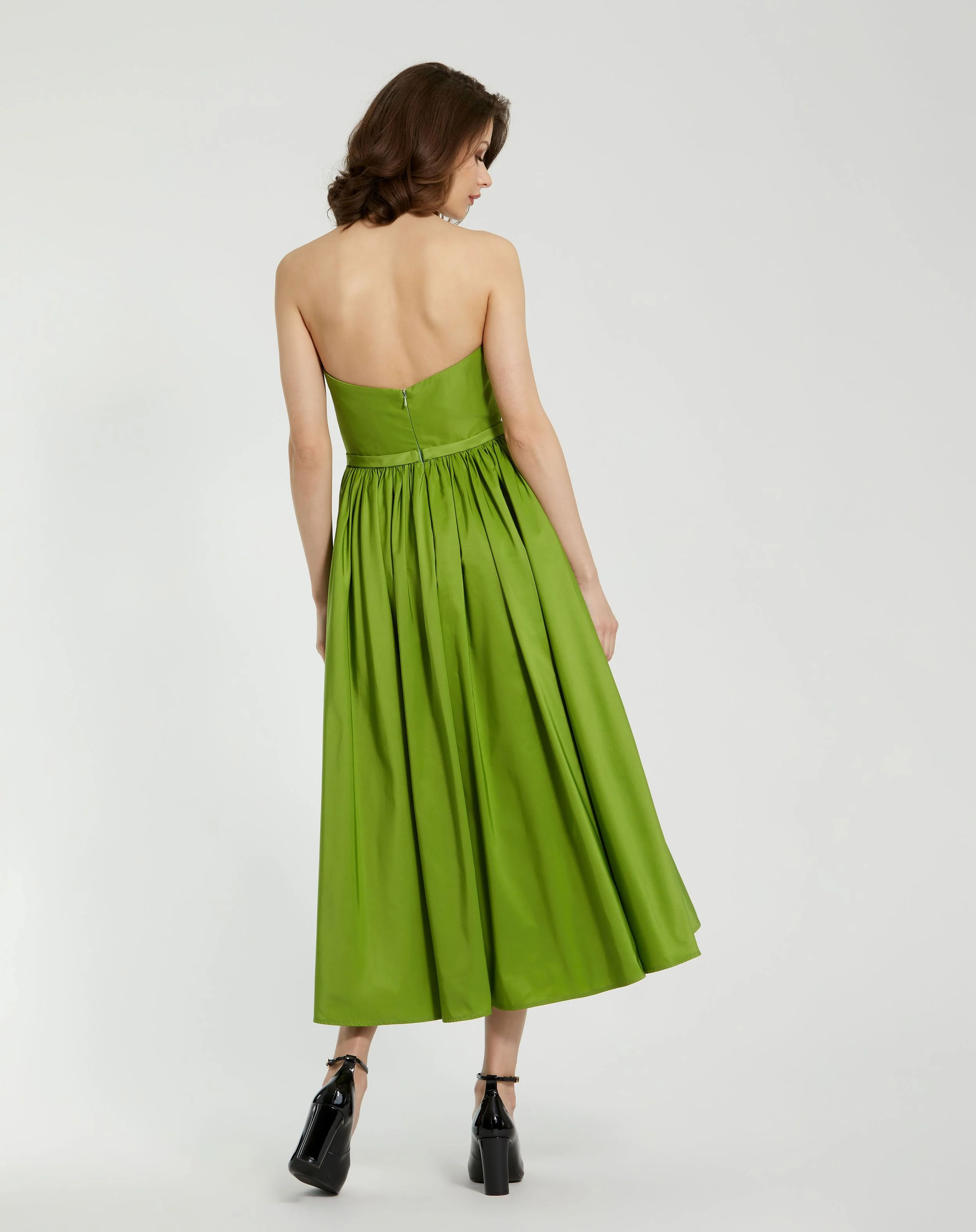 Green Faille Strapless A Line Midi Dress With 3D Rose