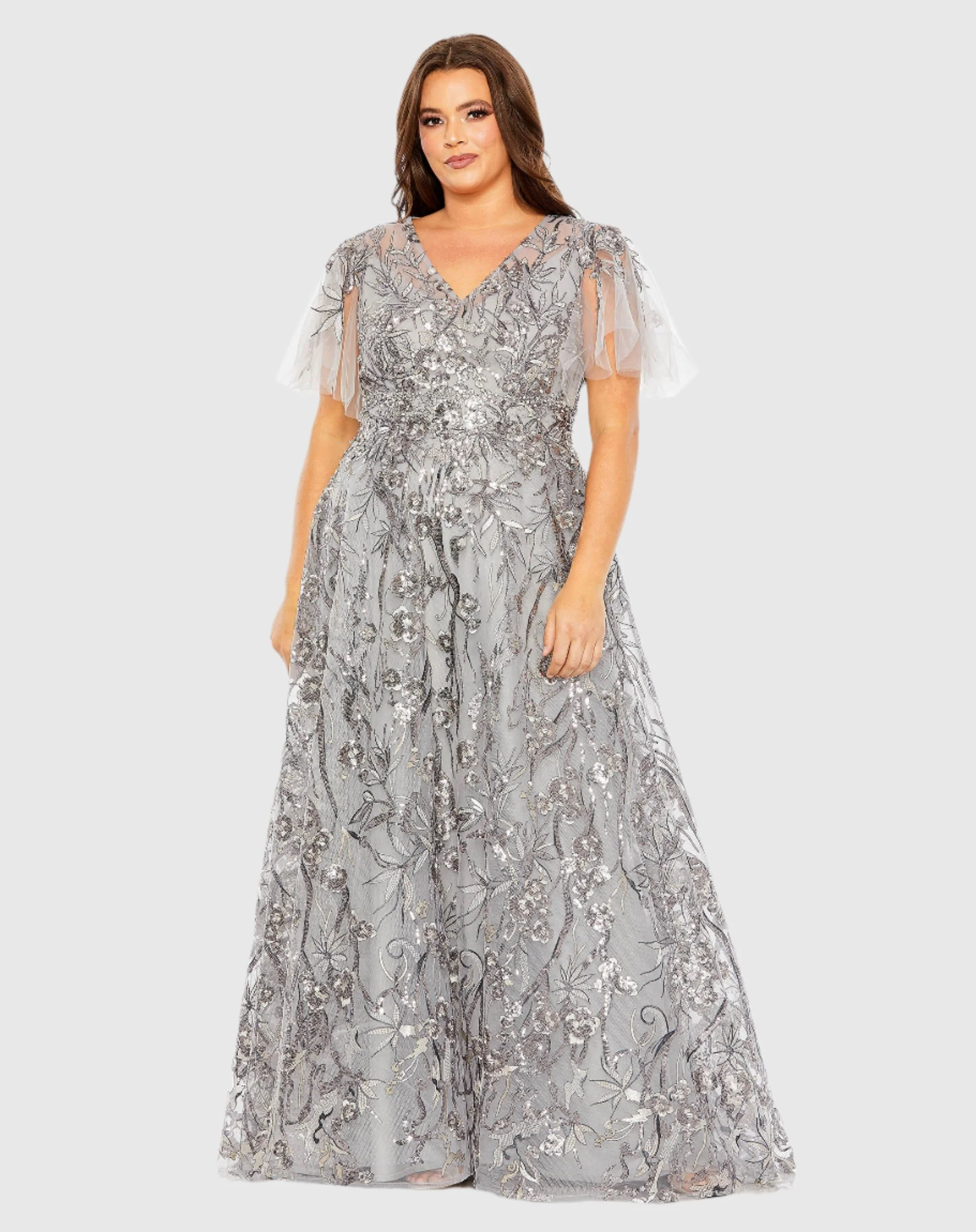 Silver High Neck Flutter Sleeve Embellished A-Line Gown
