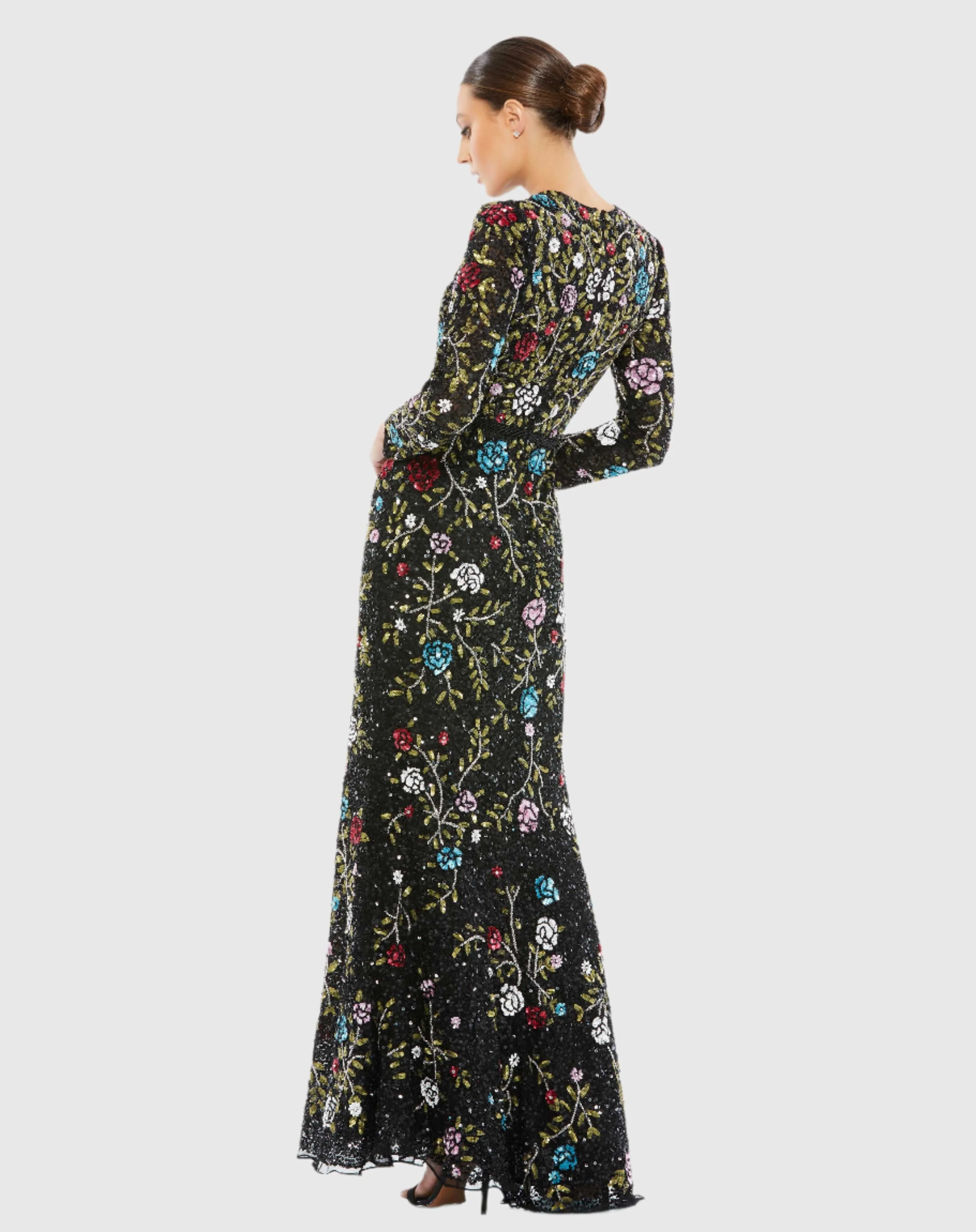Floral Embellished Long Sleeve Gown