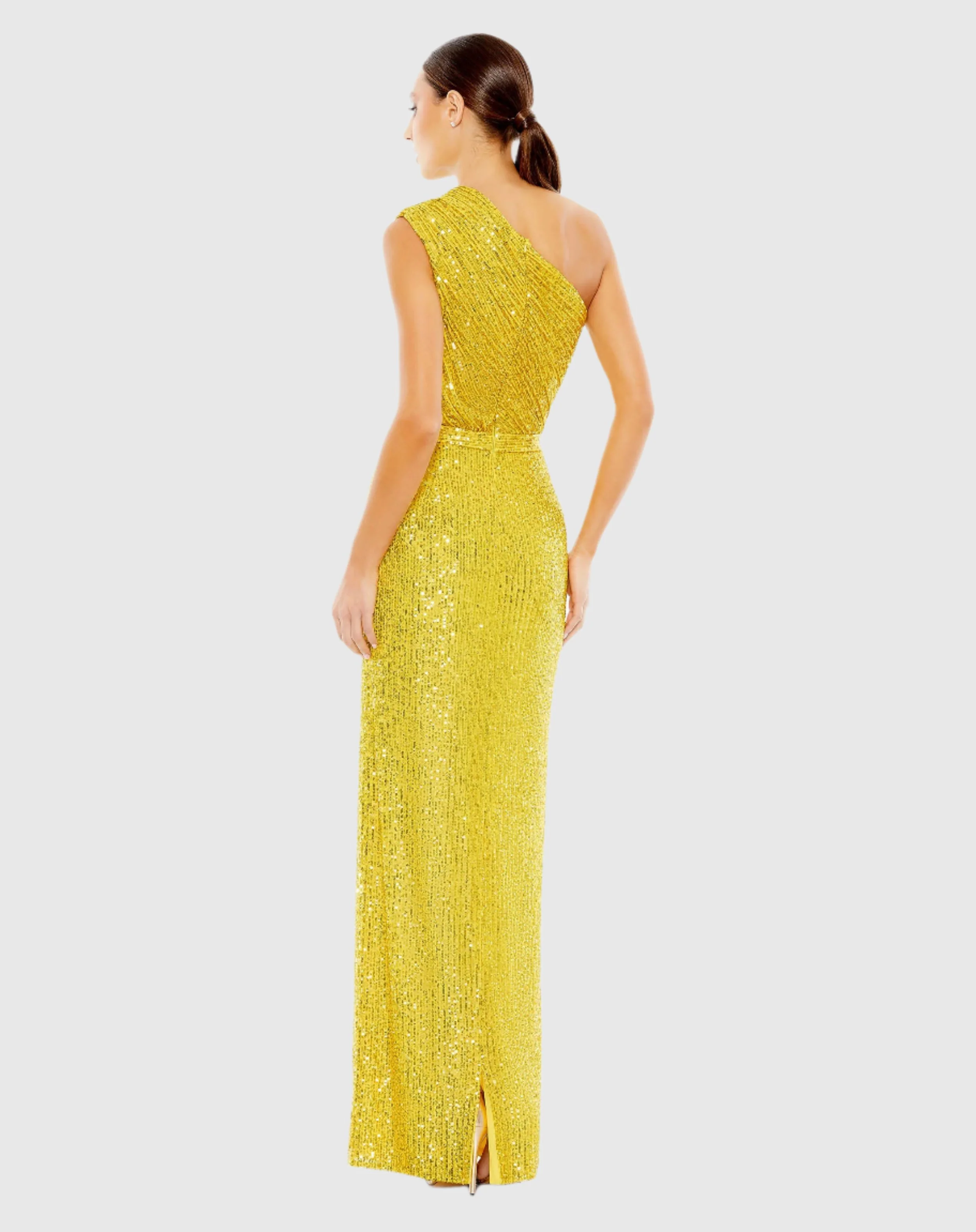 Yellow Sequined Ruched One Shoulder Gown - FINAL SALE