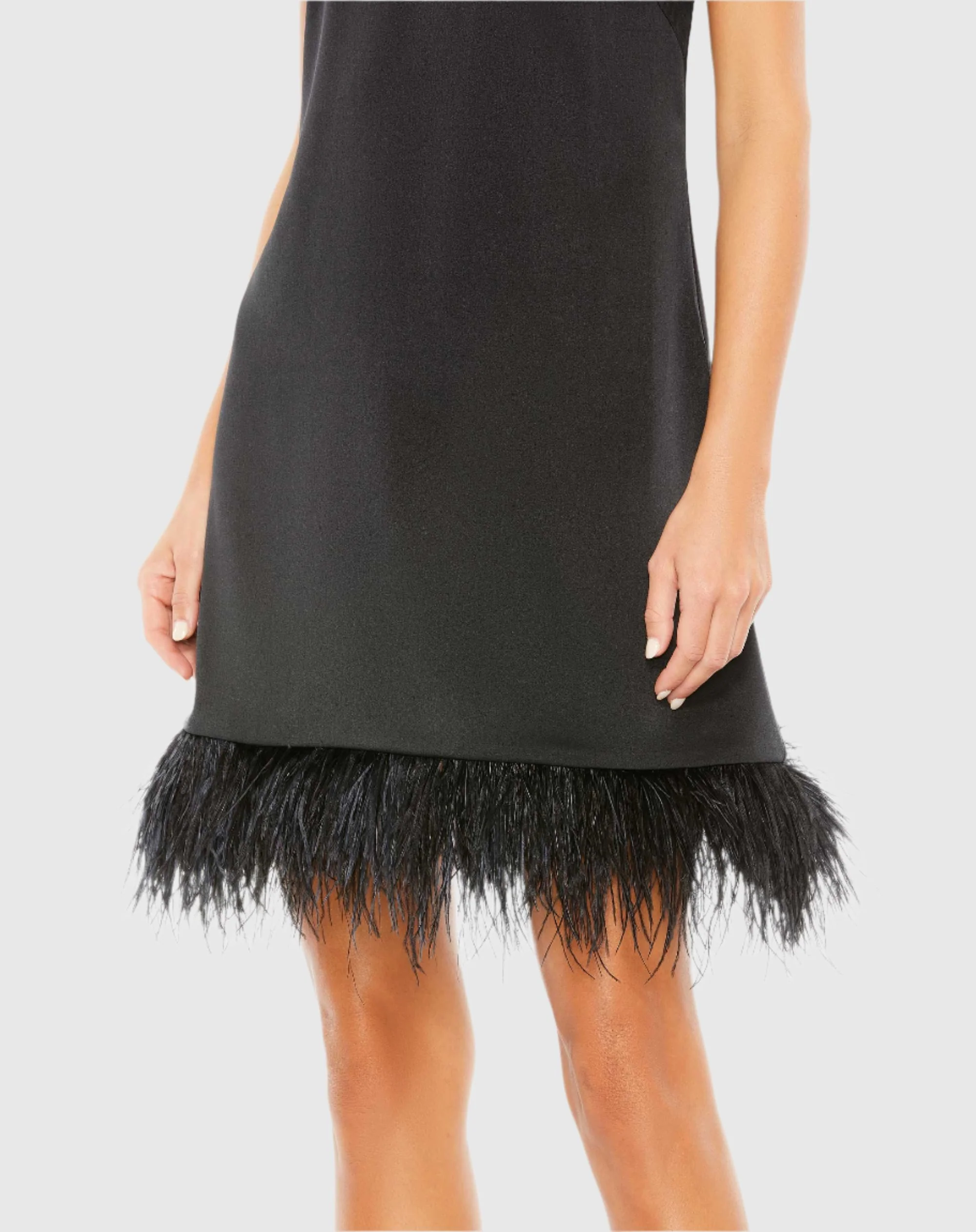 Black Feathered Hem High Neck Sleeveless A Line Dress