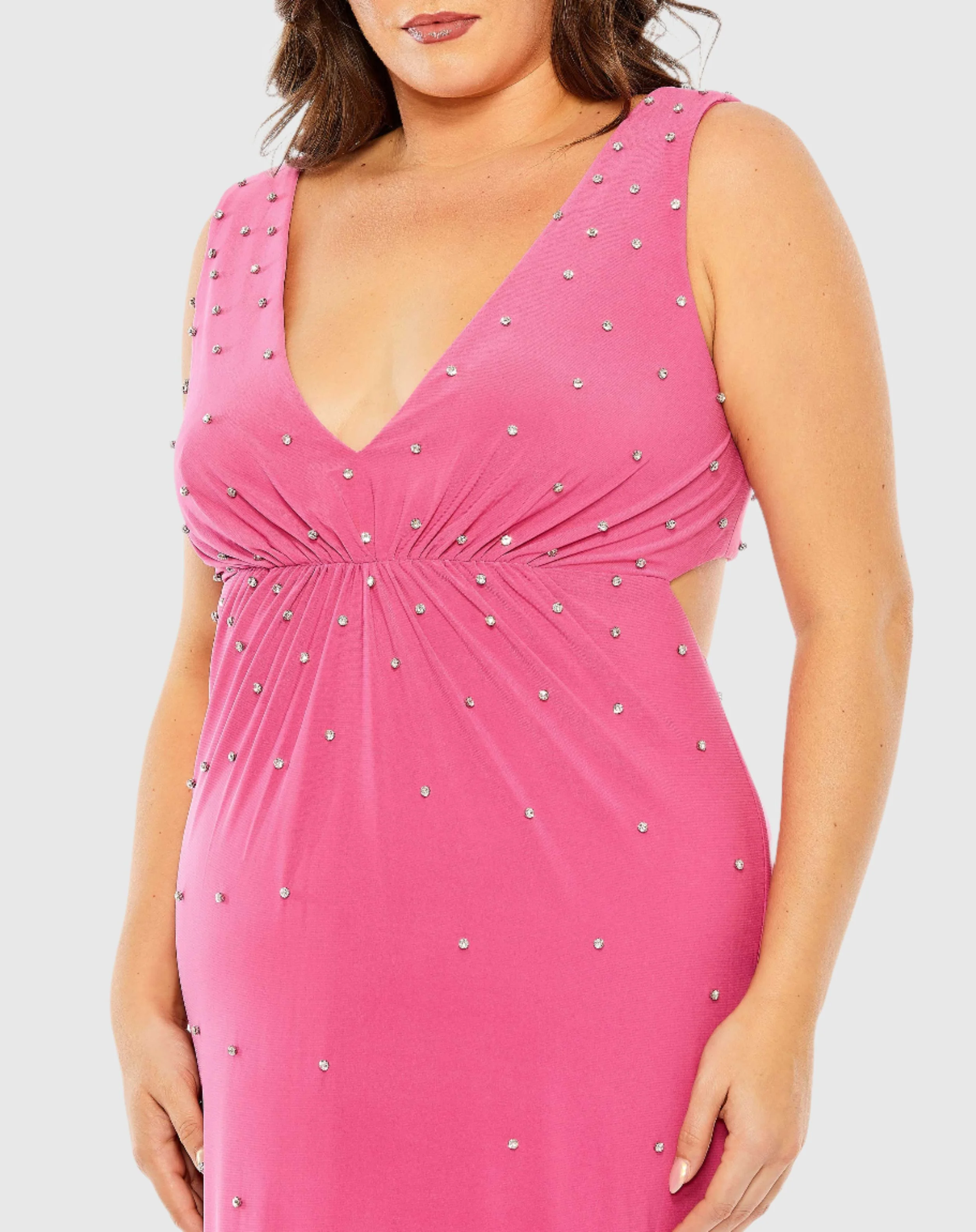 Rhinestone Embellished Open Back Jersey Gown (Plus)