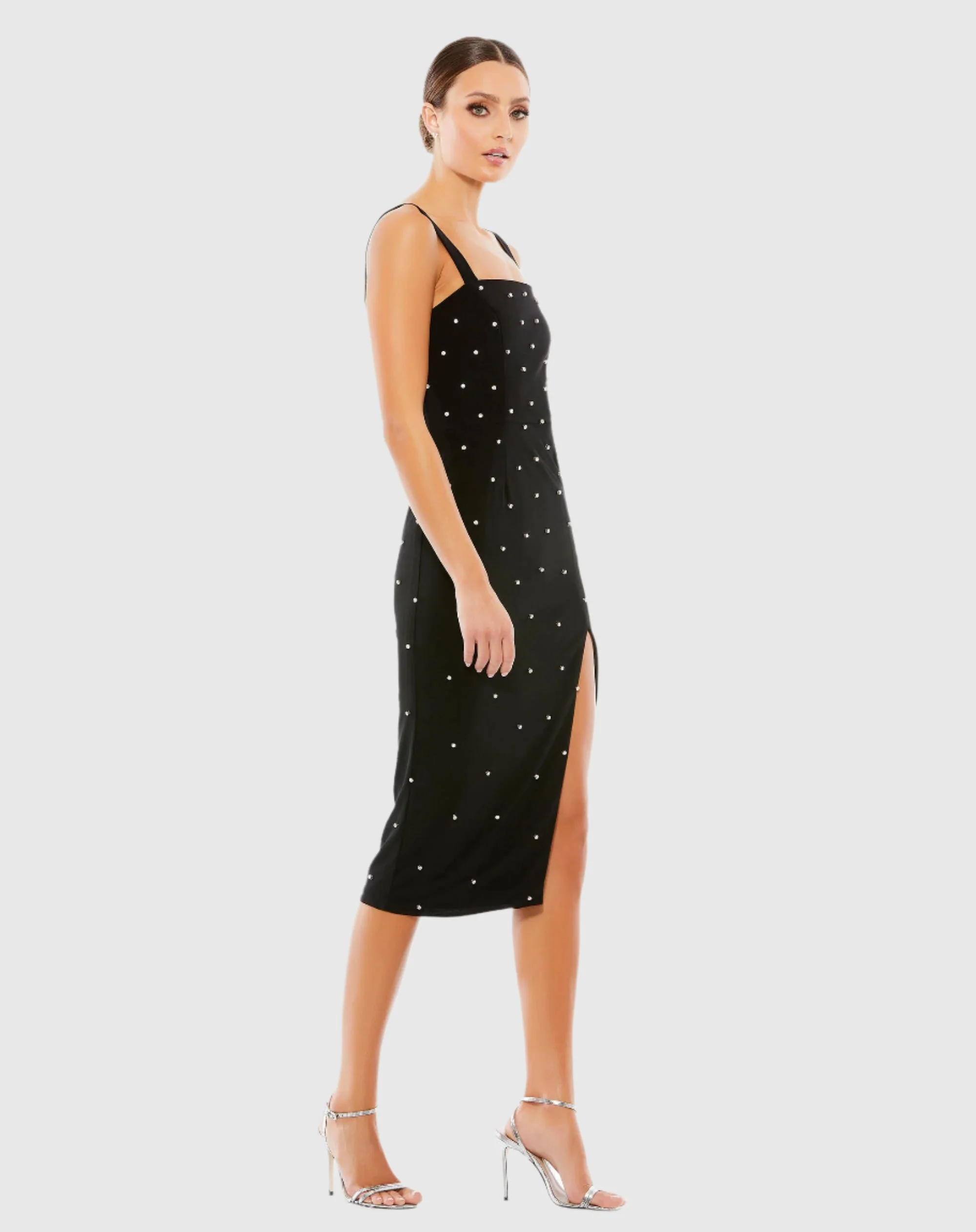 Sleeveless Rhinestone Encrusted Square Neck Midi Dress