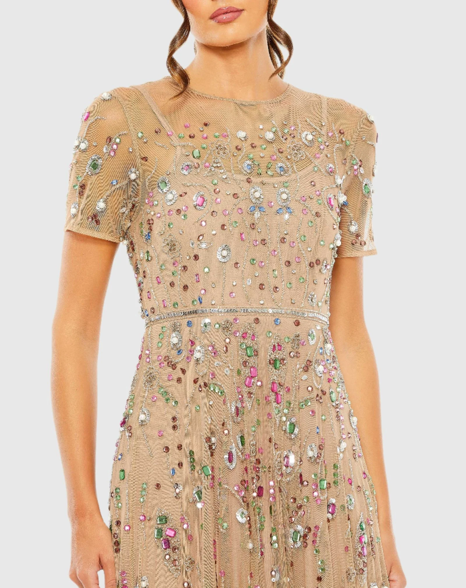 Short Sleeve High Neck  Embellished Sequin Detail A-Line Gown