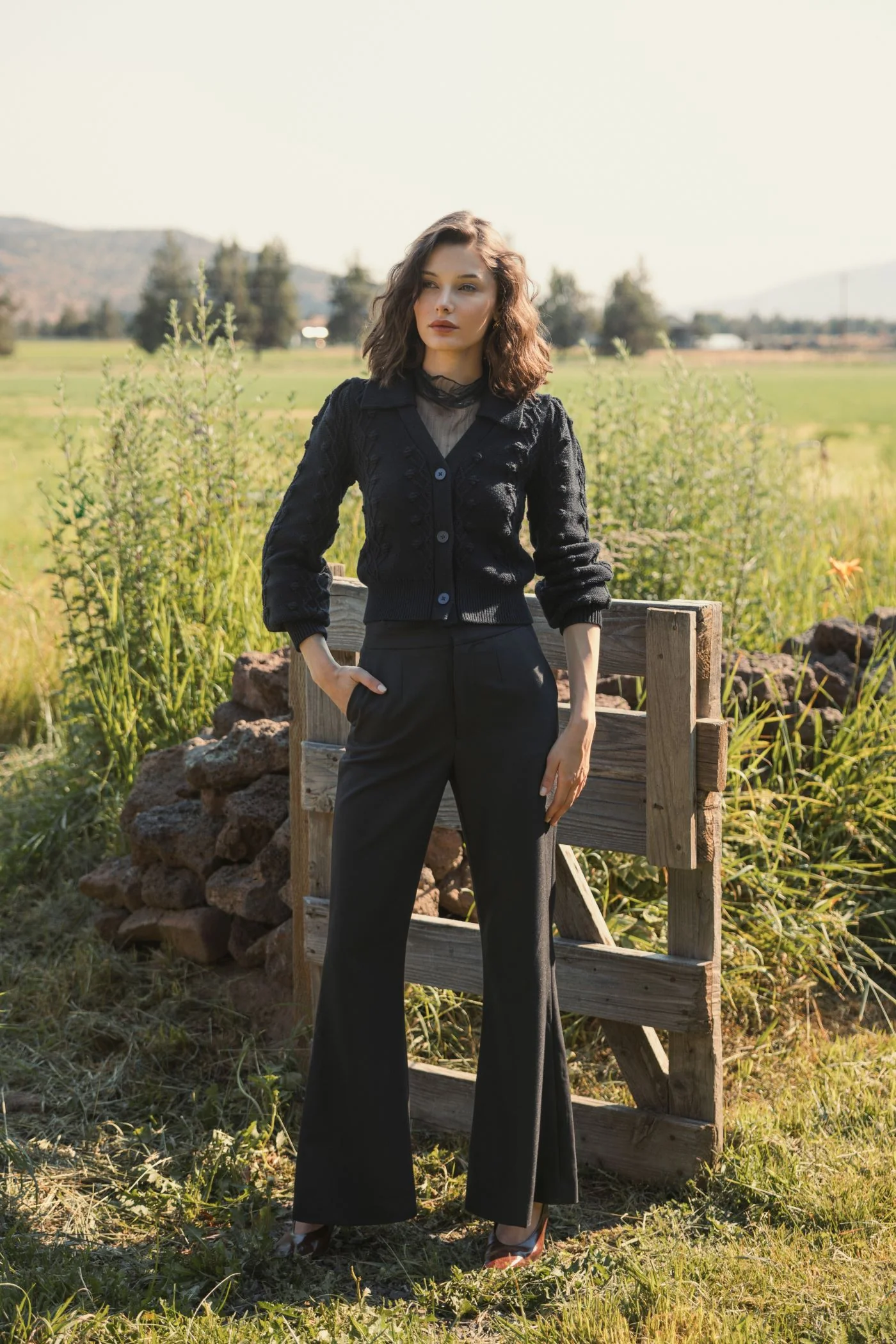 Cropped Bobble Cable Knit Button Up Cardigan Sweater