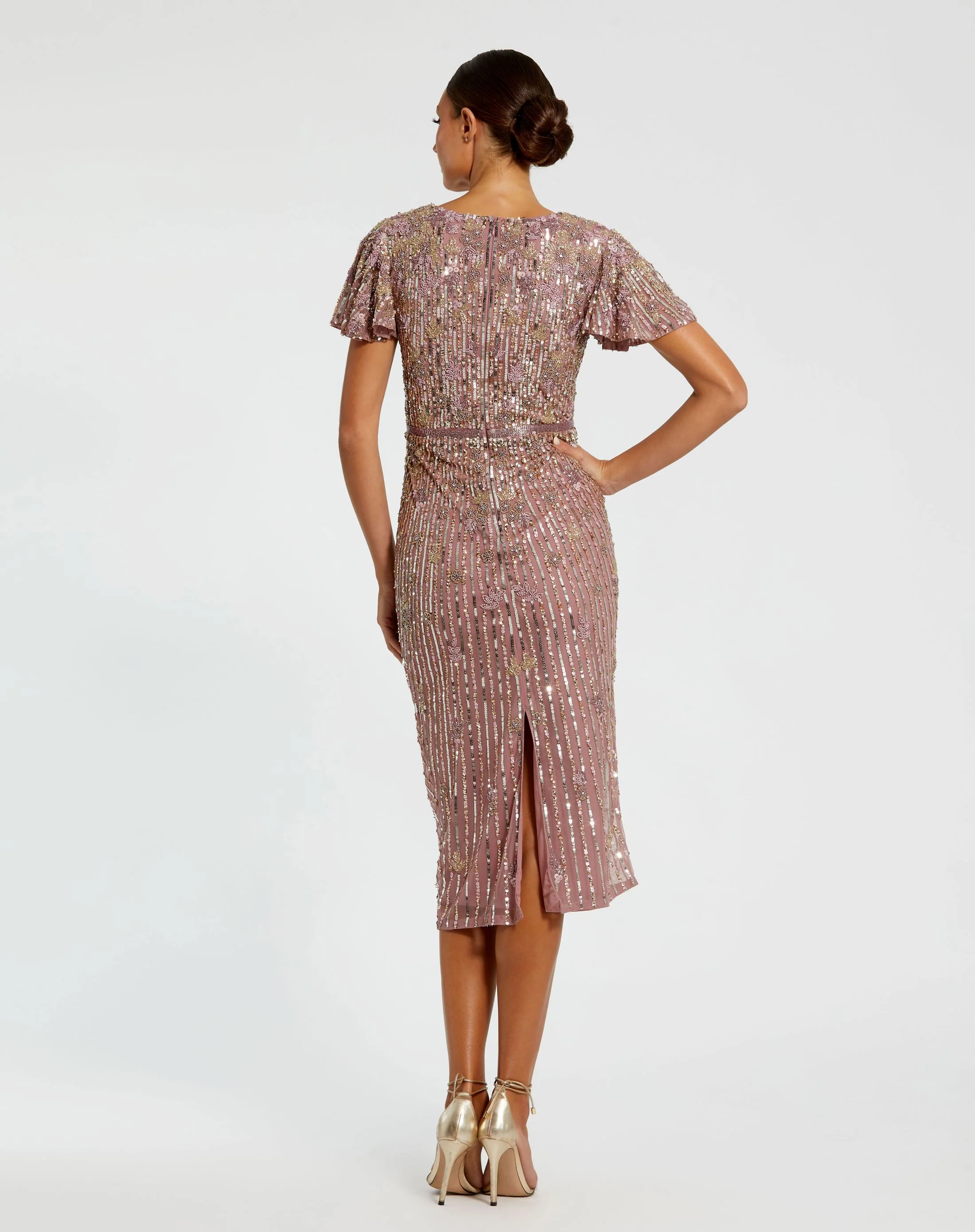 Purple Embellished Faux Wrap Flutter Sleeve Dress