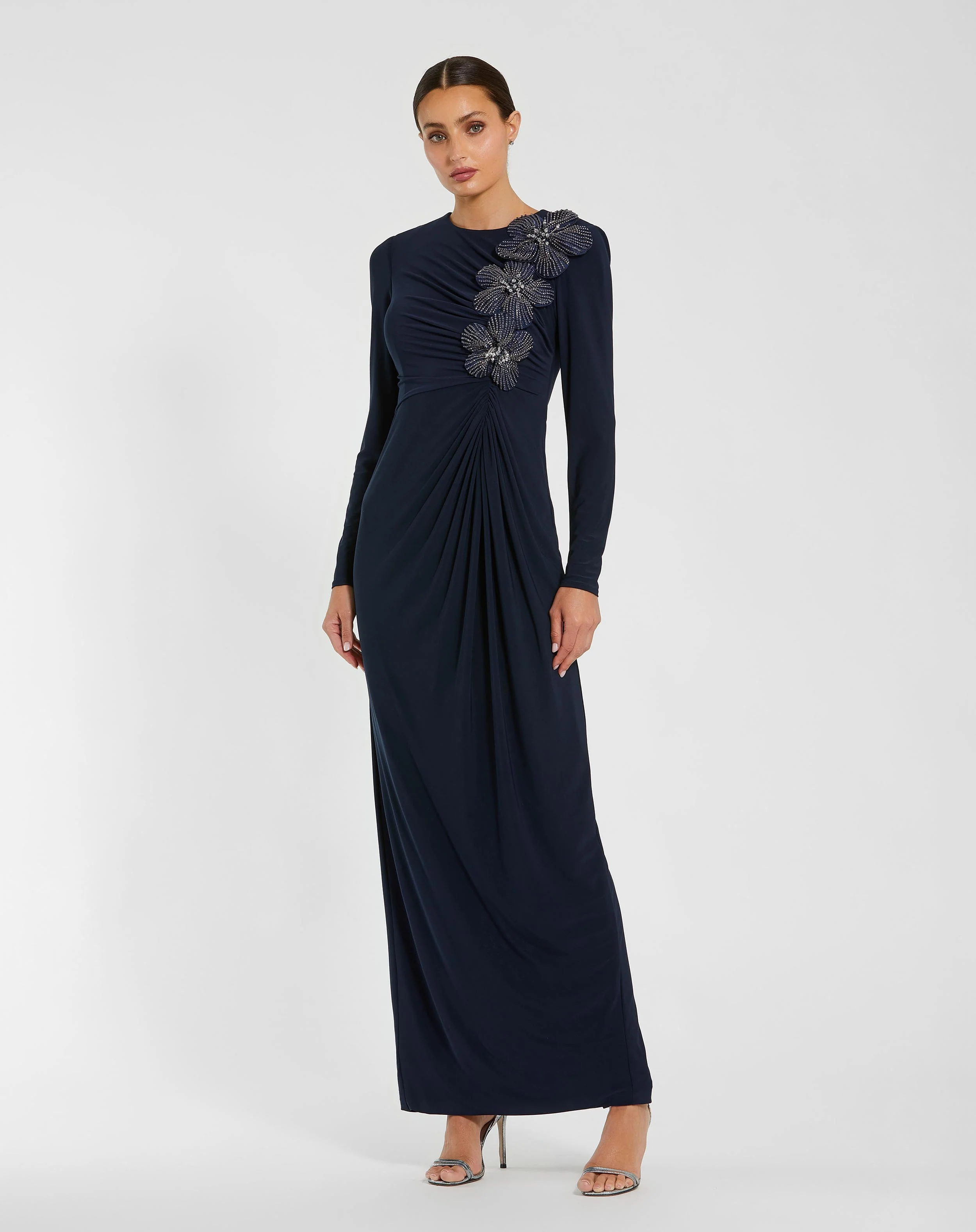 Navy Jersey Long Sleeve Fitted Gown With 3D Flowers