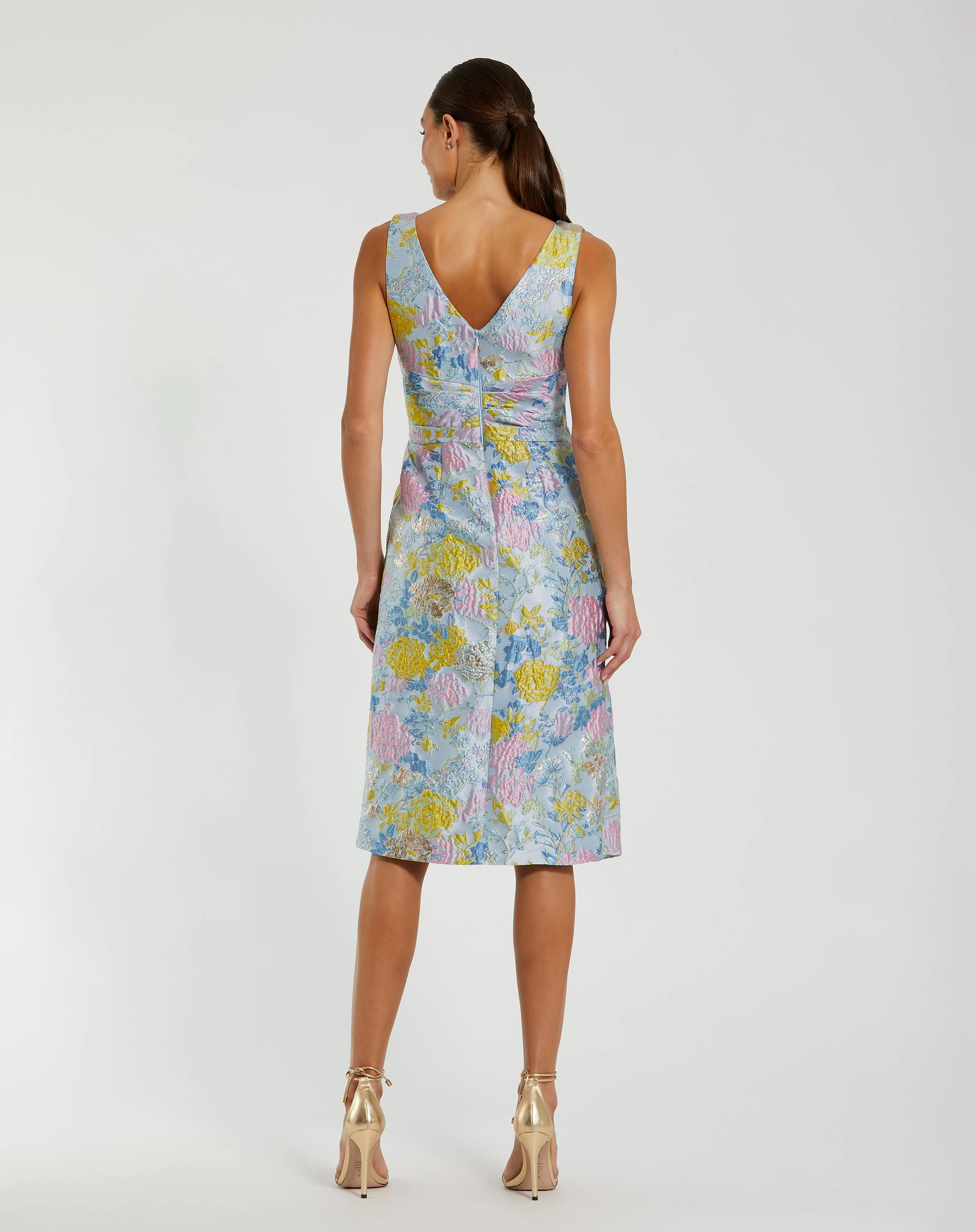Blue Floral Brocade Sleeveless Midi Dress With Bow