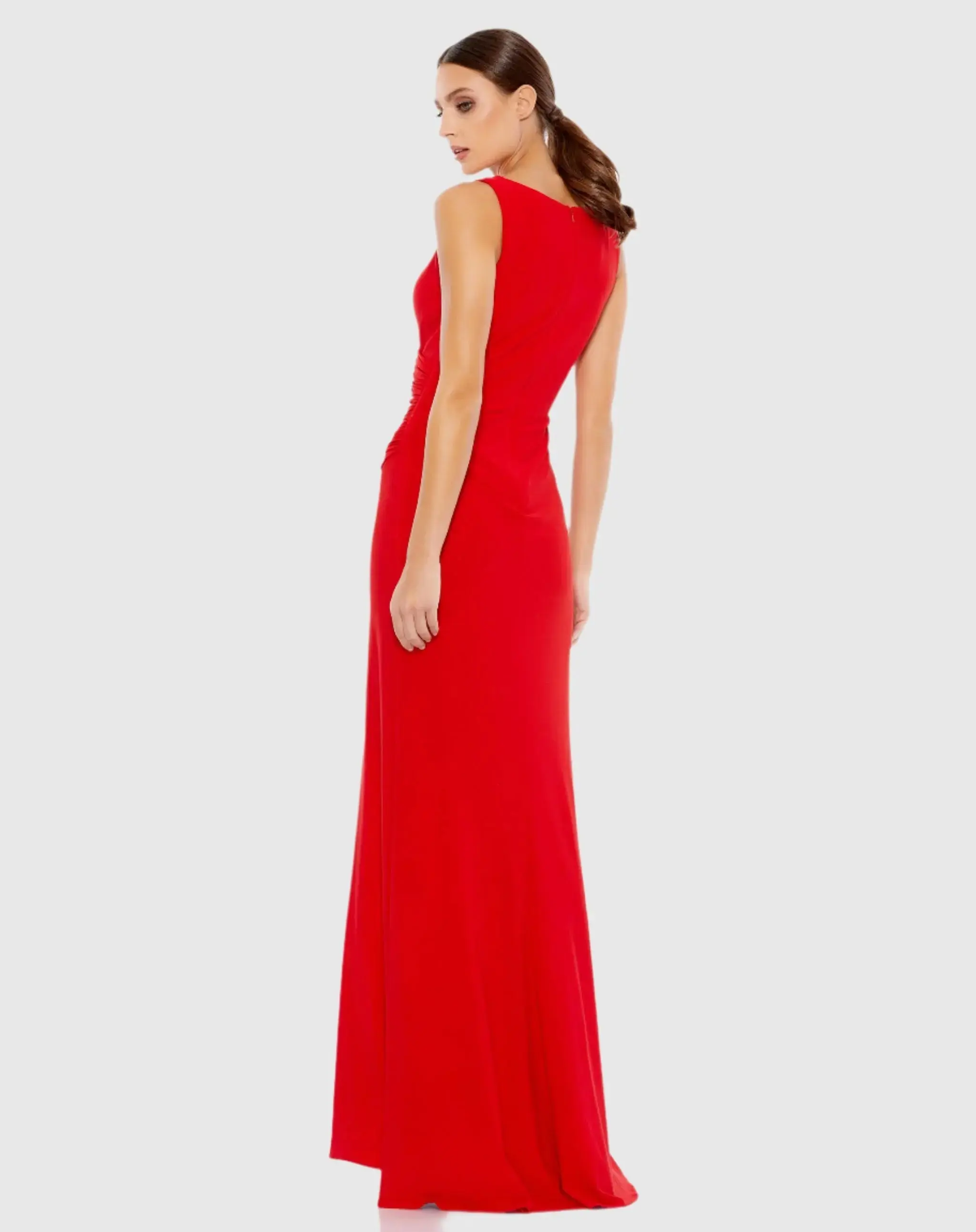 Red Faux Wrap Sleeveless V Neck Gown