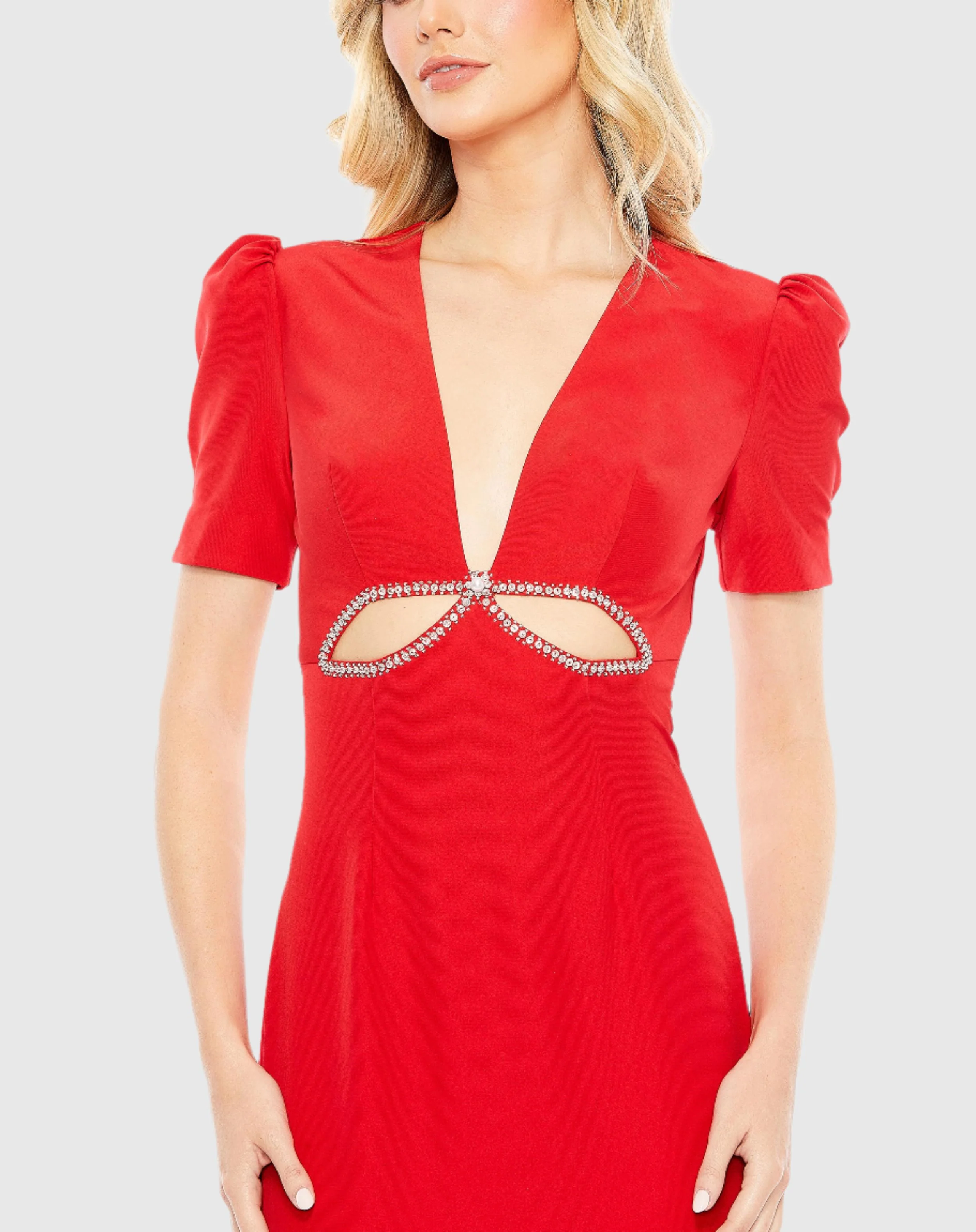 Red Plunge Neck Puff Sleeve Cut Out Gown