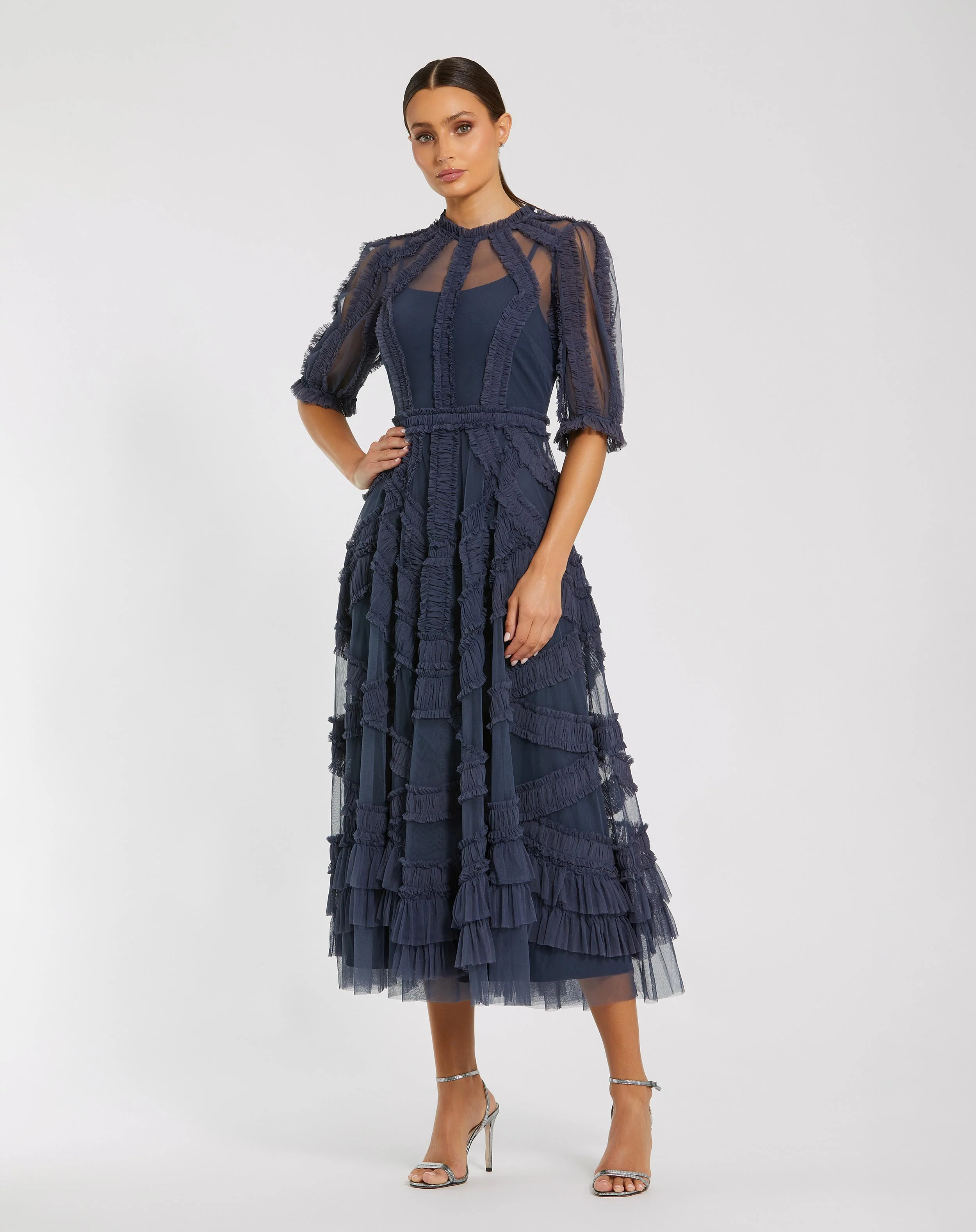Dark Blue High Neck Micro Ruffle Tiered Midi Dress