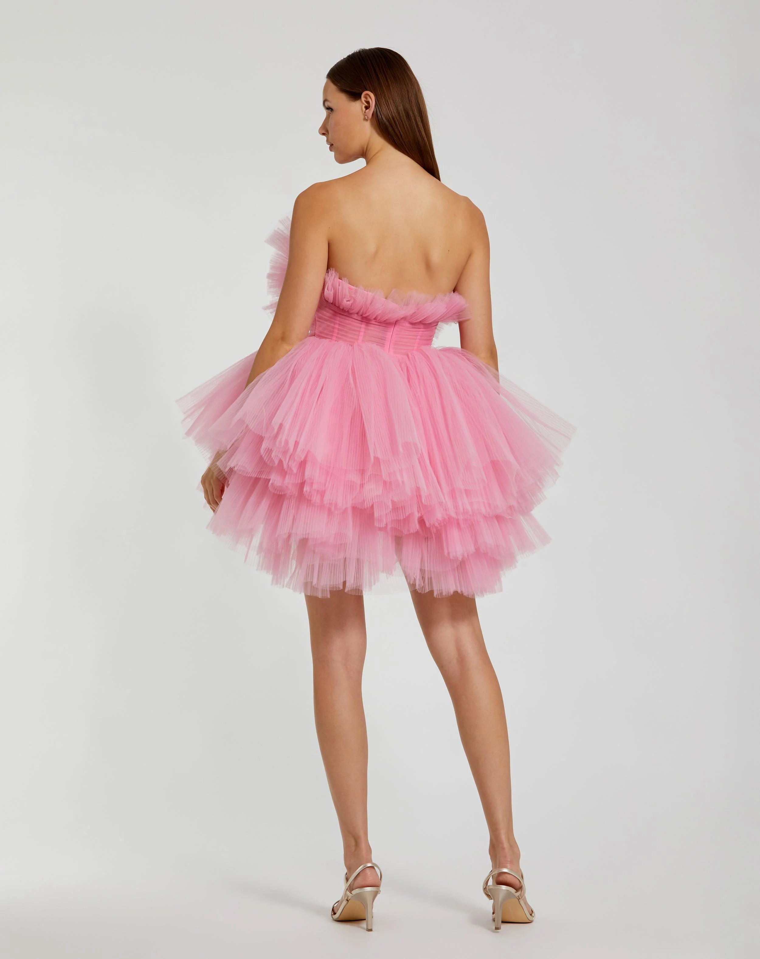 Pink Strapless Ruffled Tulle Mini Ballgown