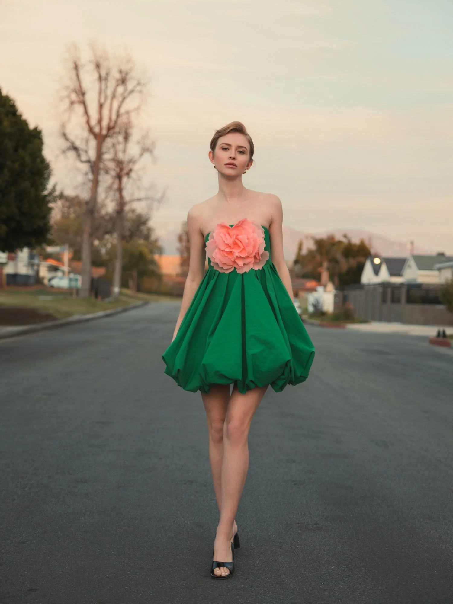 Green Strapless Faille Mini Dress With 3D Flower